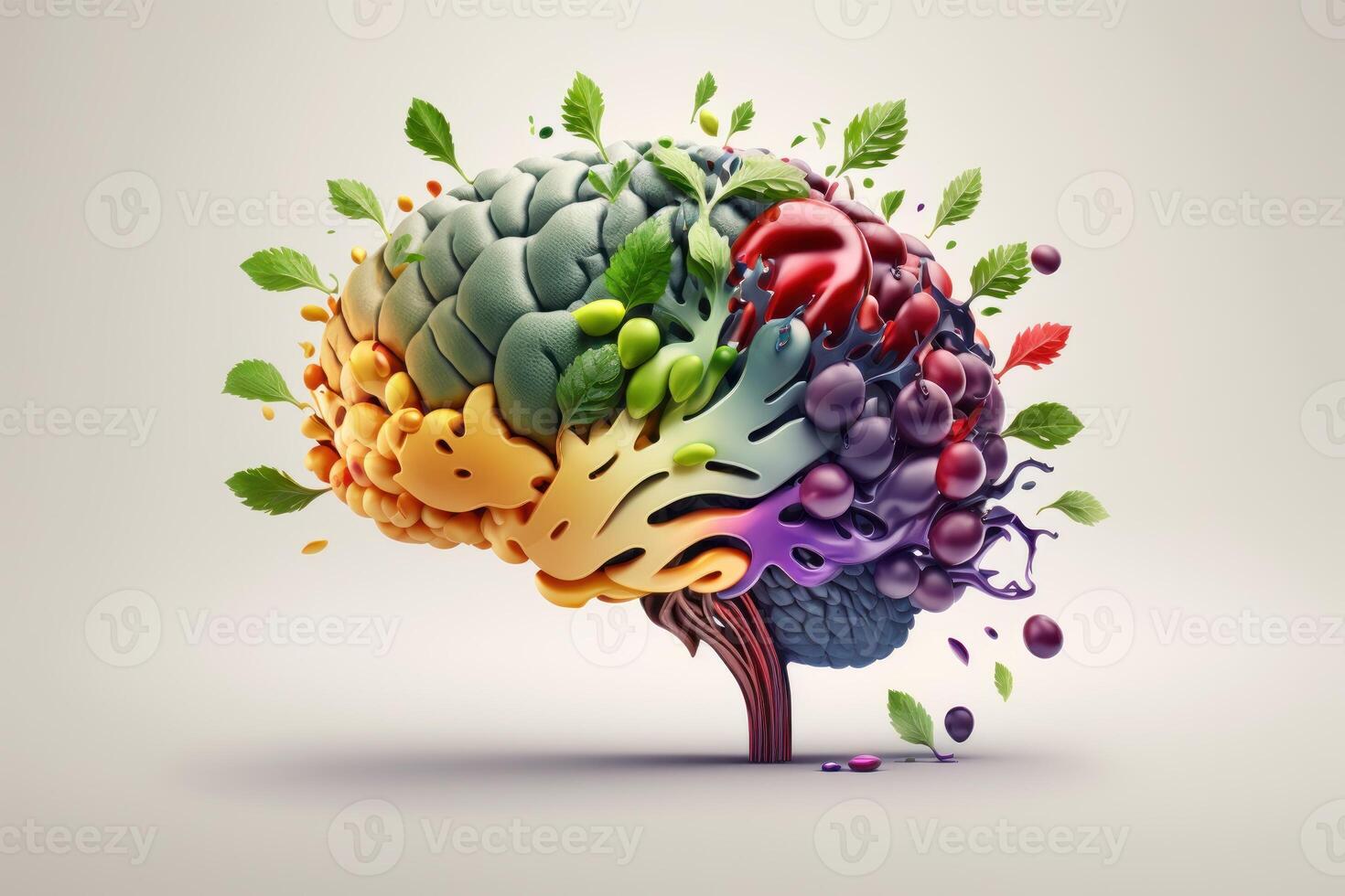 Various Fruits forming a creative brain, Eating healthy food as nutrition to improve memory and thinking. photo