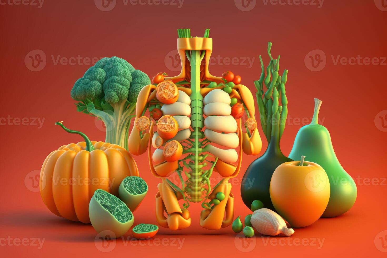 Vegetables forming a human body metabolism and nutrition, Eating Diet Food for Energy and Digestion. Created photo