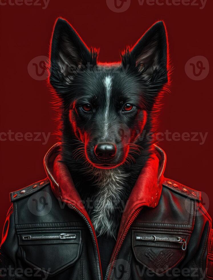 Portrait of bad dogs wearing jacket on red background. Created photo