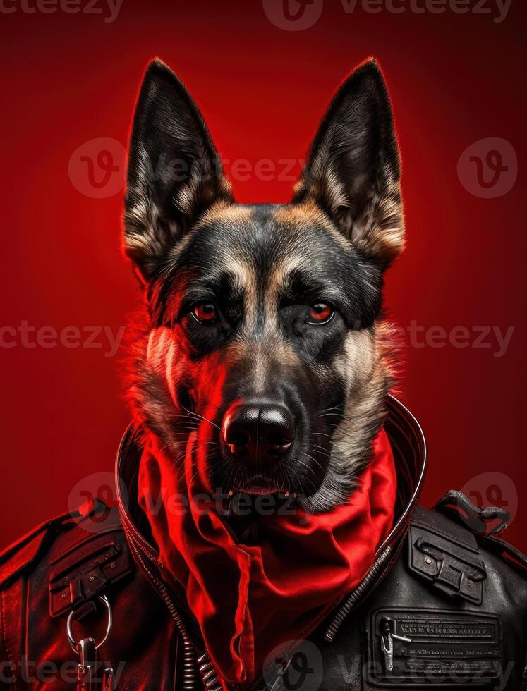 Portrait of bad dogs wearing jacket on red background. Created photo