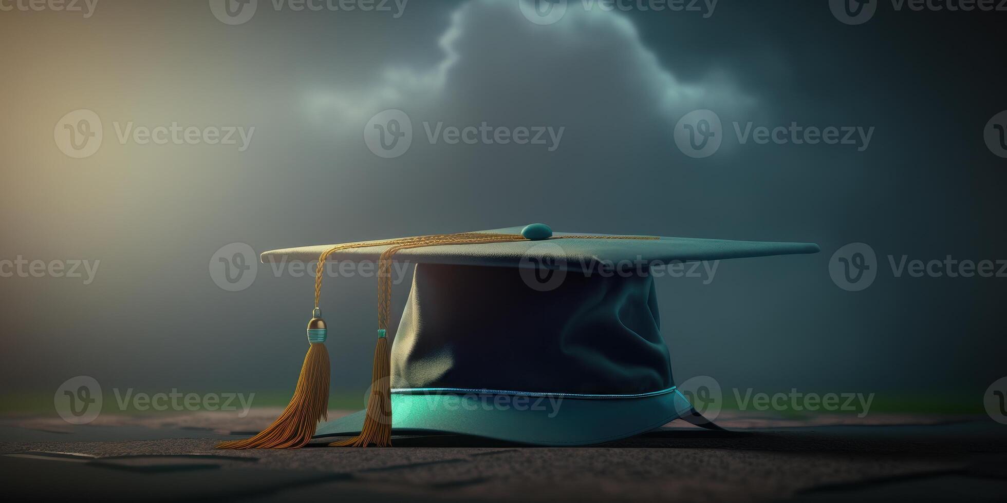 Graduation caps with thunder storm background, Graduation day Concept. photo