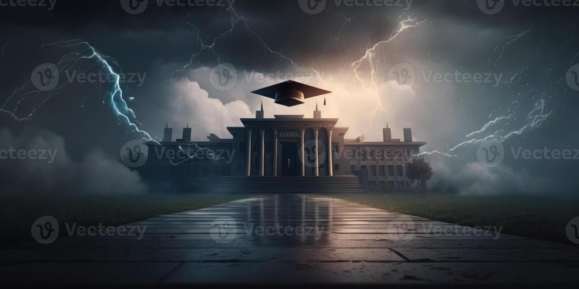 Graduation caps with thunder storm background, Graduation day Concept. photo