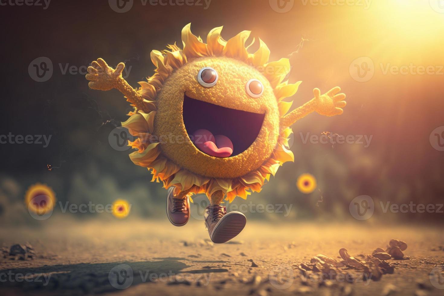 Joyful sun character laughting in fantasy world background. Created Generativa ai photo