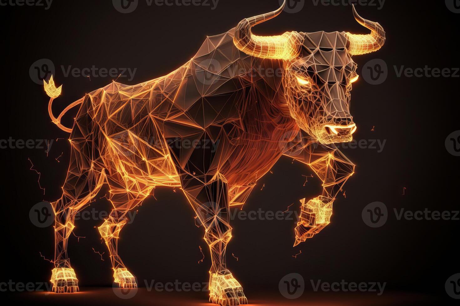 Fire sculpture of a Bull, Bullish in Stock market and Crypto currency. photo