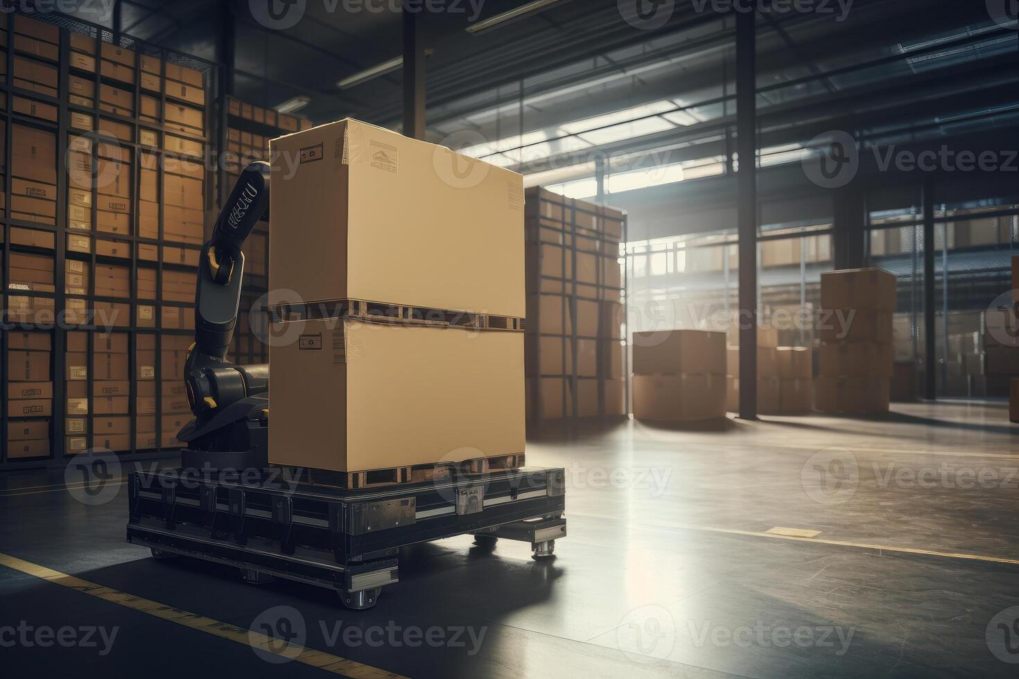 Automated robotic carrying box in warehouse, Distribution logistics center concept. Created photo