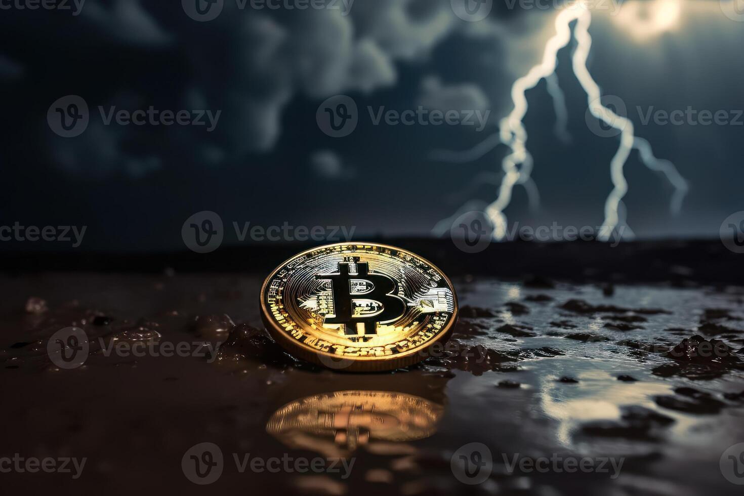 Bitcoin with thunder storm background, Crypto currency investment concept. photo