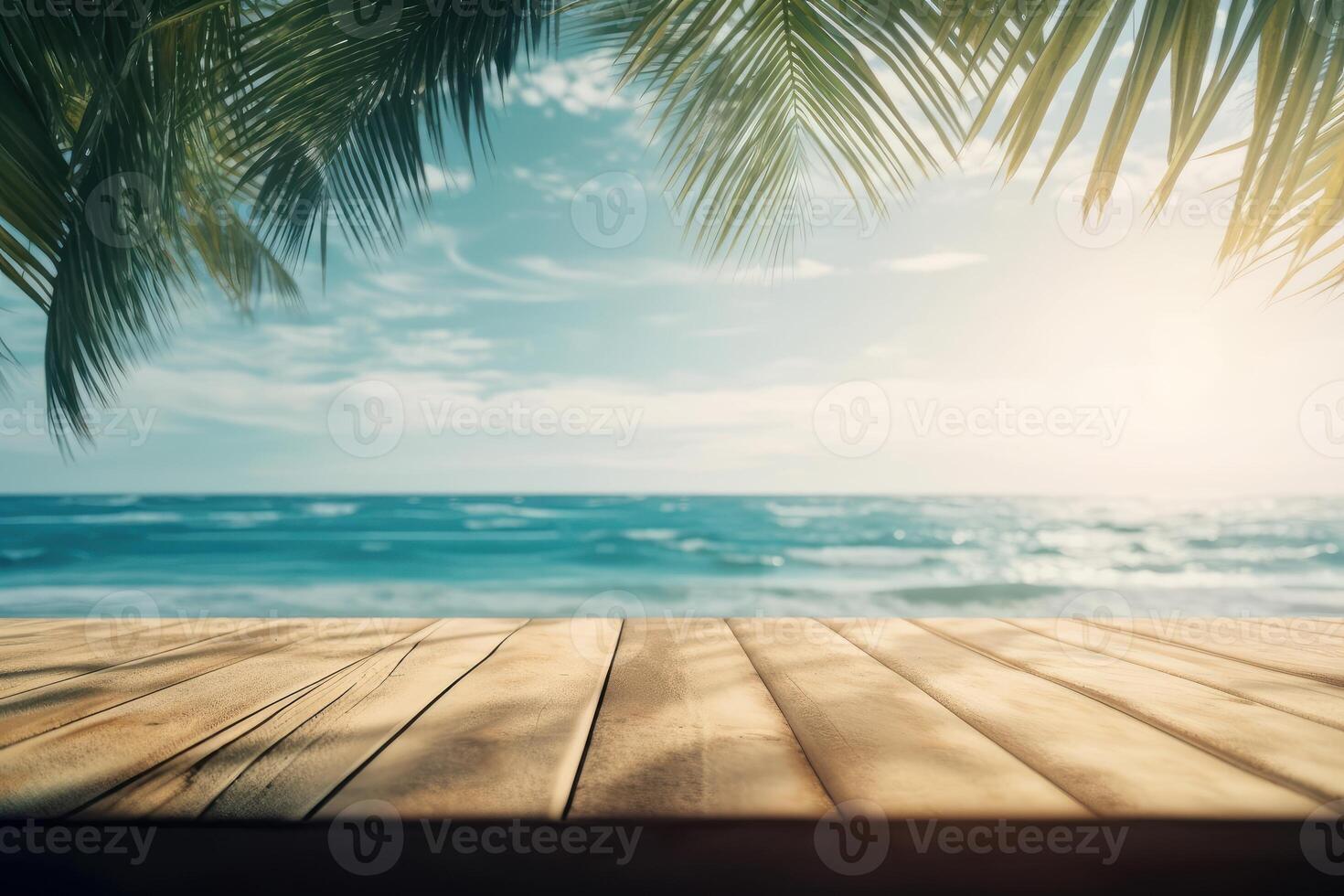 Empty wooden table on sea background, Desk of free space for product display. Created photo