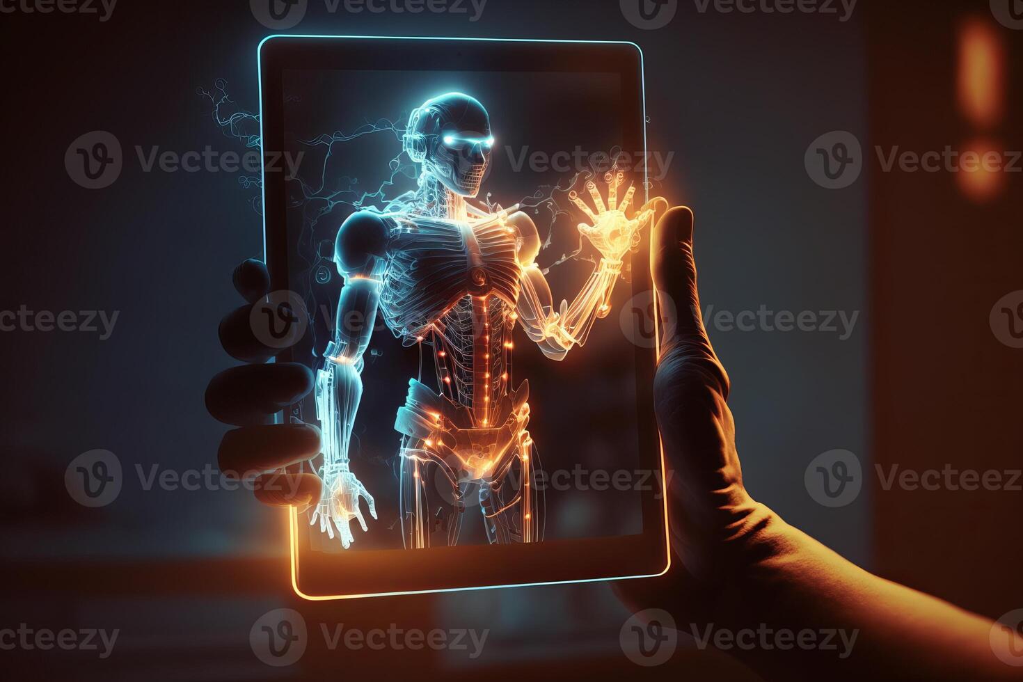Closed up Ai Robot hand touching tablet and showing Ai data on screen, Artificial intelligence Concept. photo