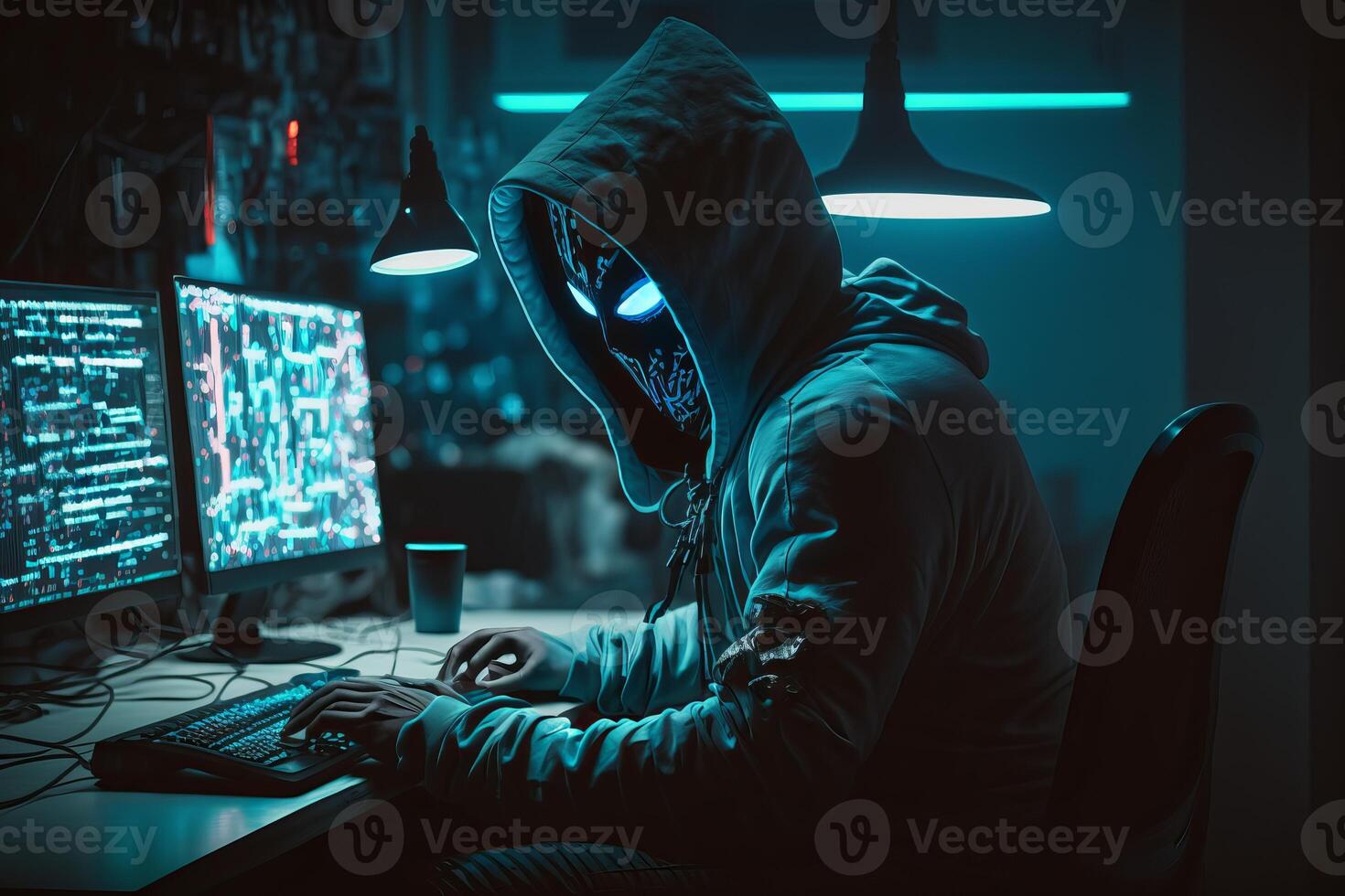 Hooded Hacker with mask using Laptop Break or Attack into Data server. Hacking, Coding or Malware concept. photo