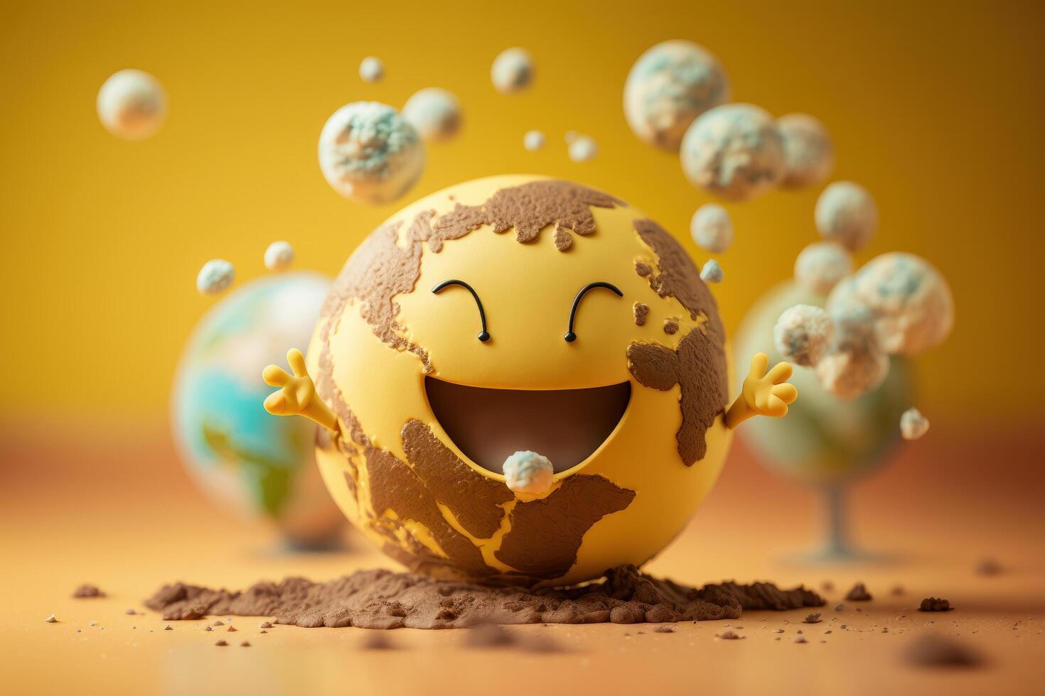 Cute Earth character laughting on yellow background, Happy Earth day, World laughter day. photo