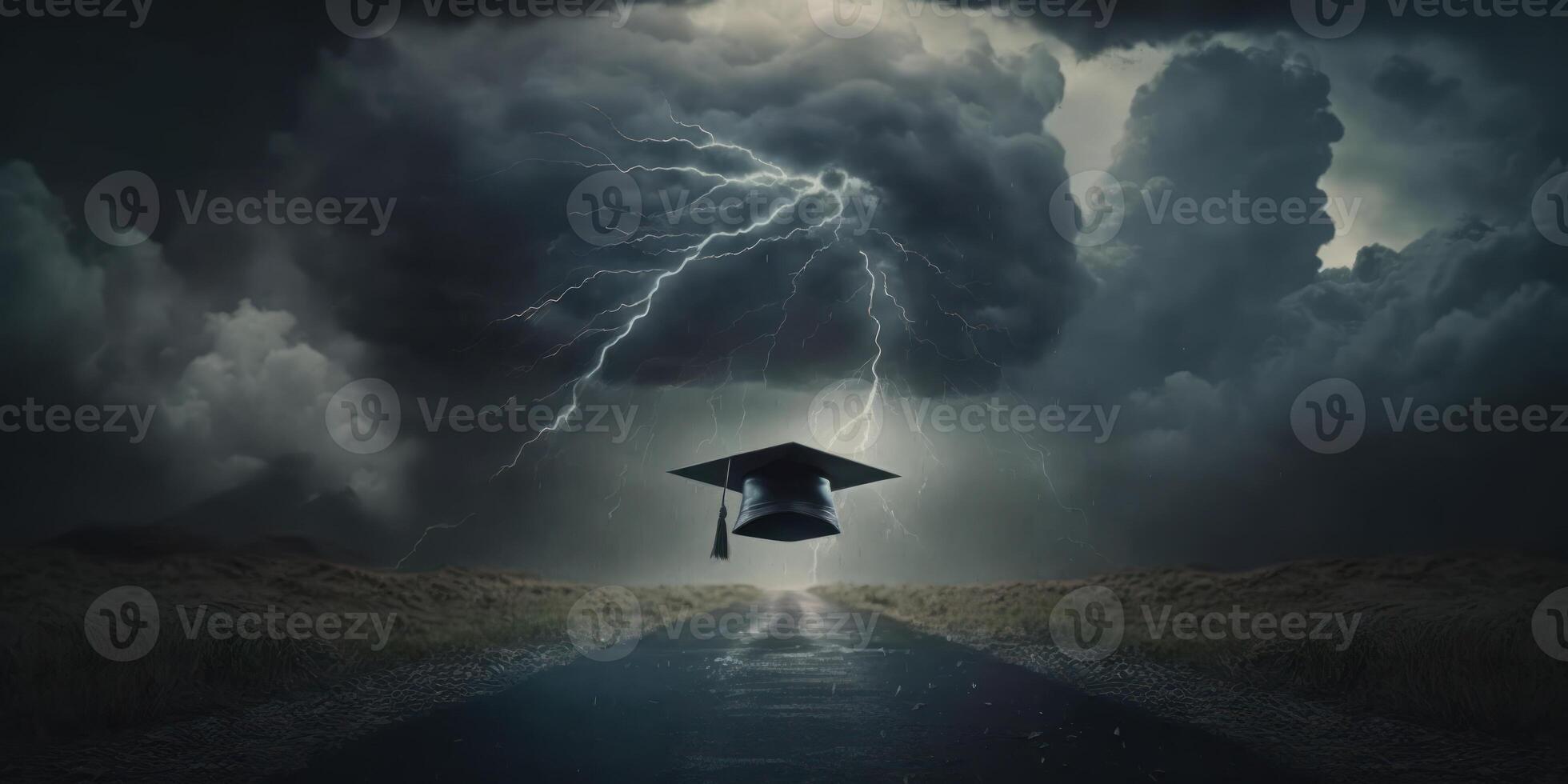 Graduation caps with thunder storm background, Graduation day Concept. photo