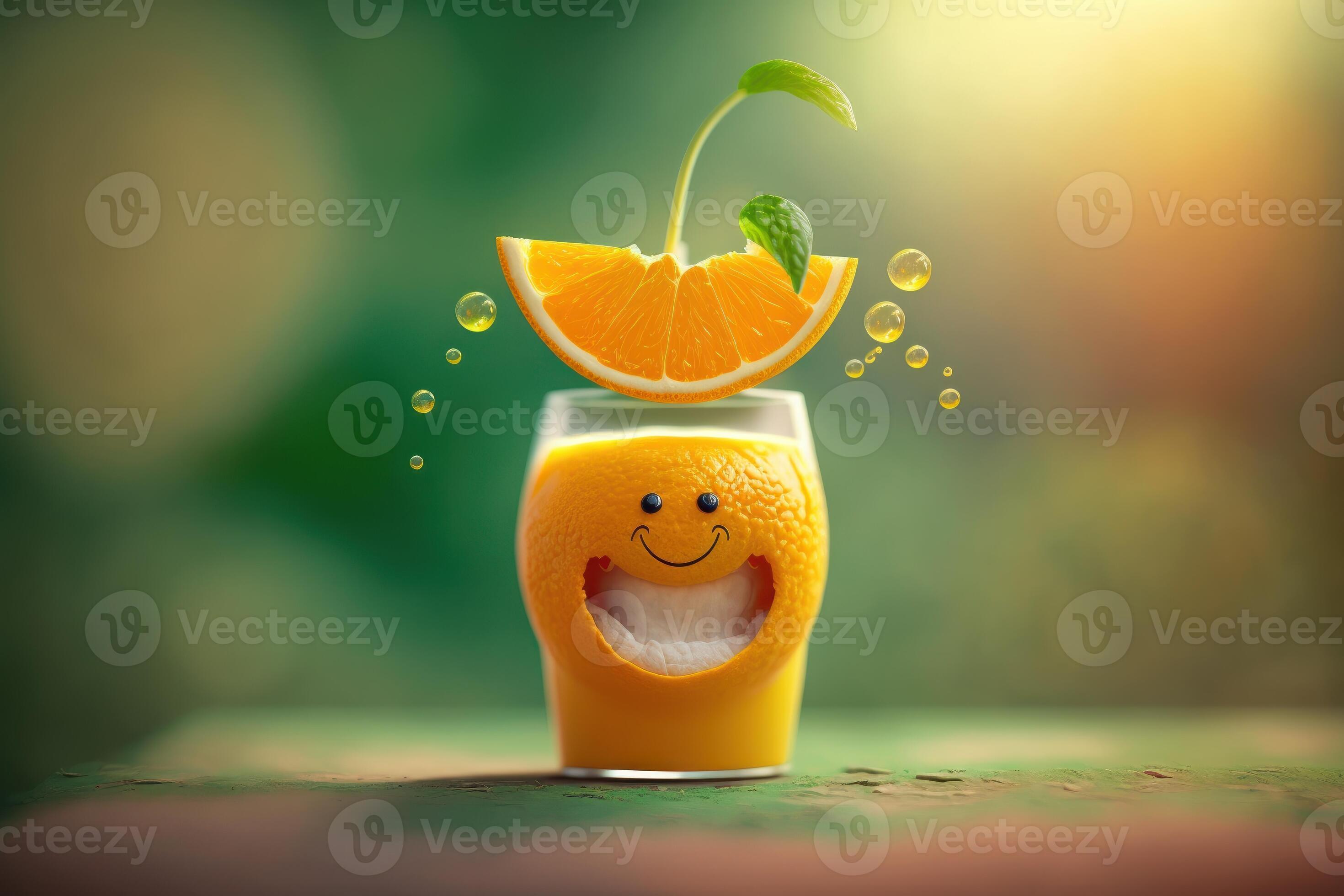 Cheerfull glass of Orange juice character smiling background. Freshy