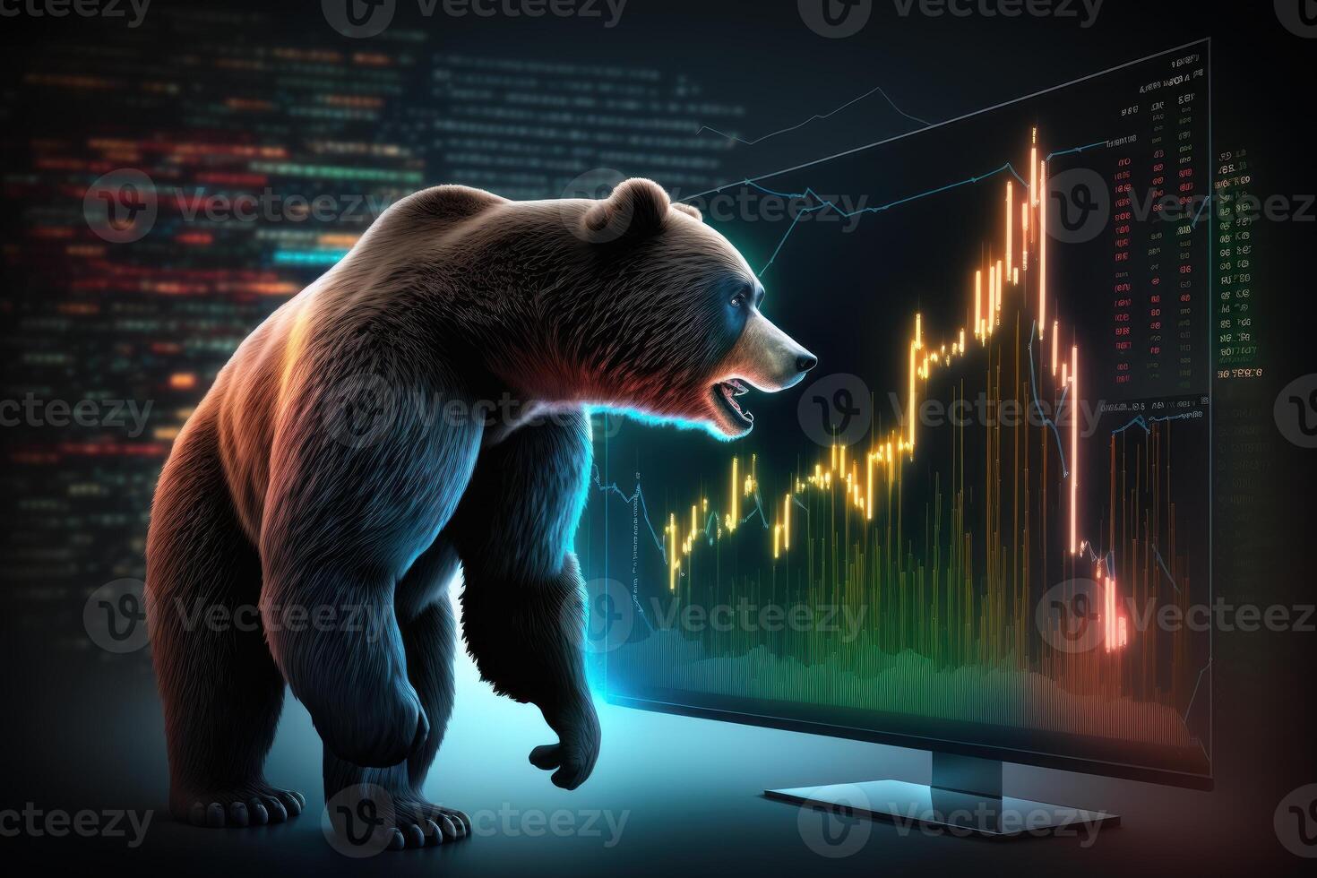 Bear bearish divergence in Stock market and Crypto currency, Bear trading with coloful graph background. Created photo