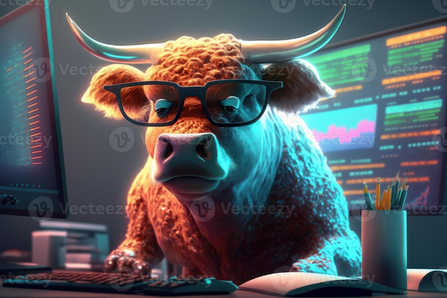 Bull trading with computer, Bullish in Stock market and Crypto currency. photo