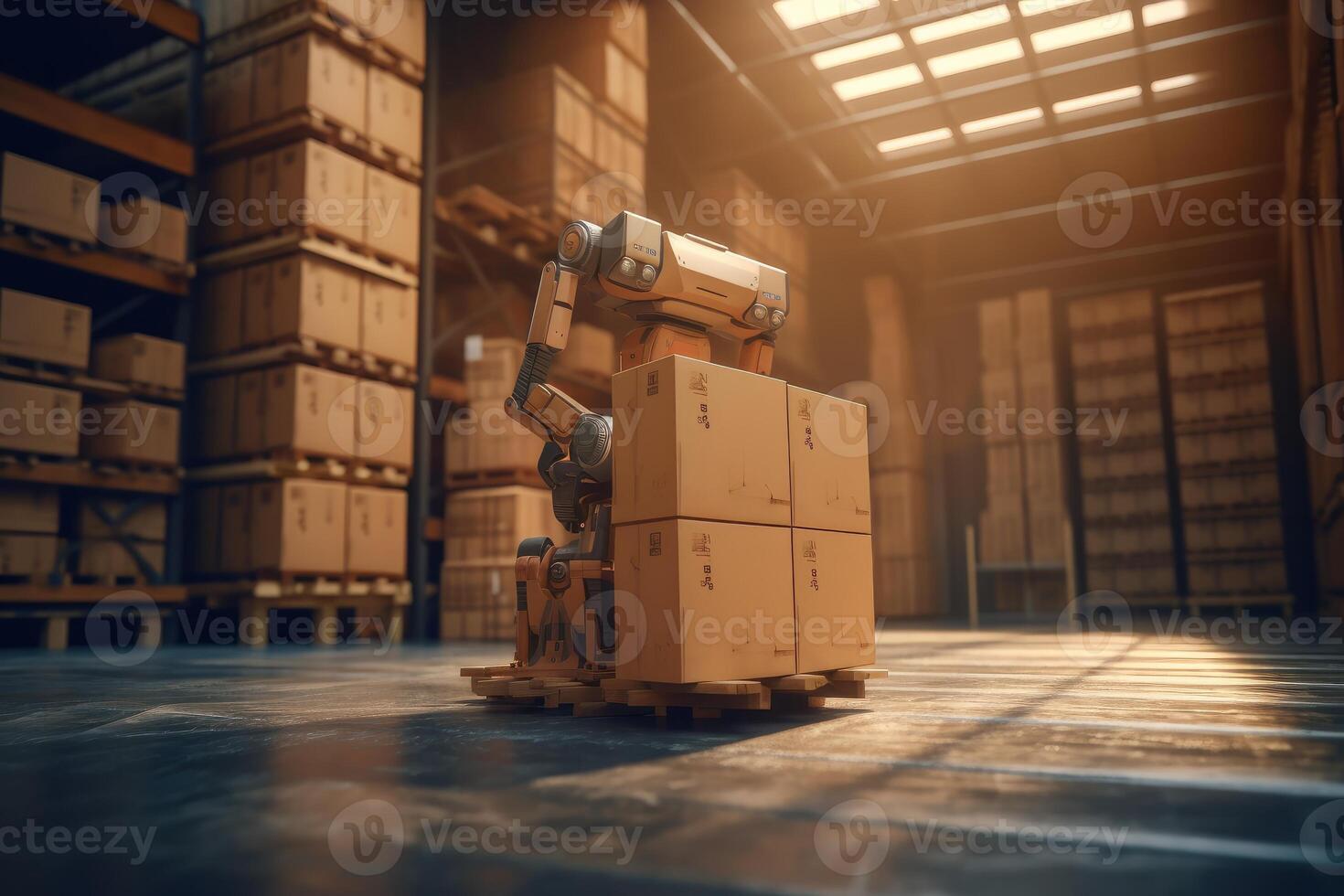 Automated robotic carrying box in warehouse, Distribution logistics center concept. Created photo