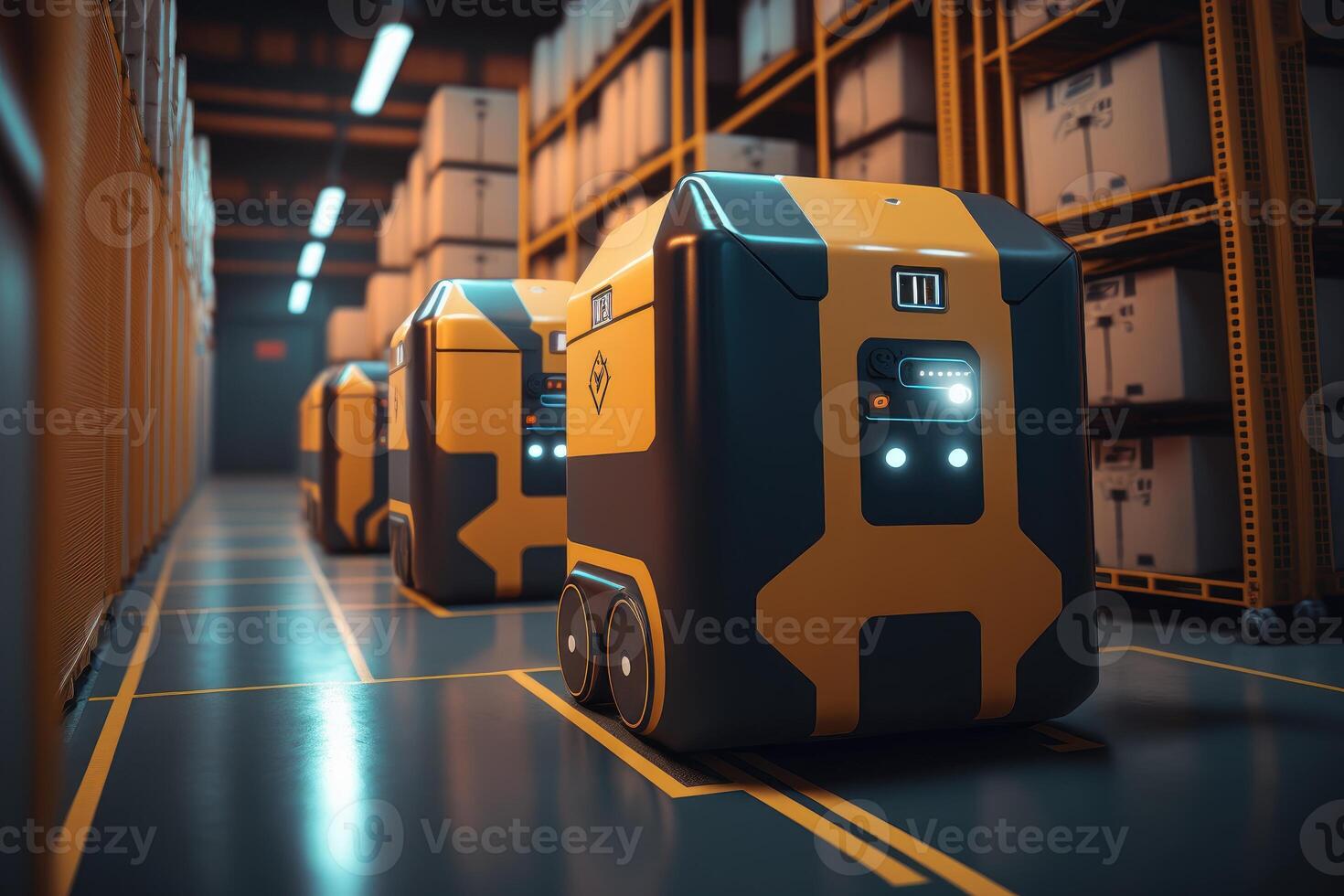 Smart Robotic observes and check in warehouse, Distribution logistics center concept. Created photo