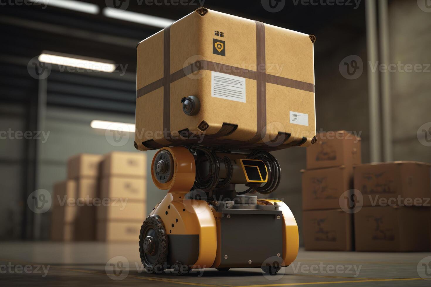 Automated robotic carrying box in warehouse, Distribution logistics center concept. Created photo