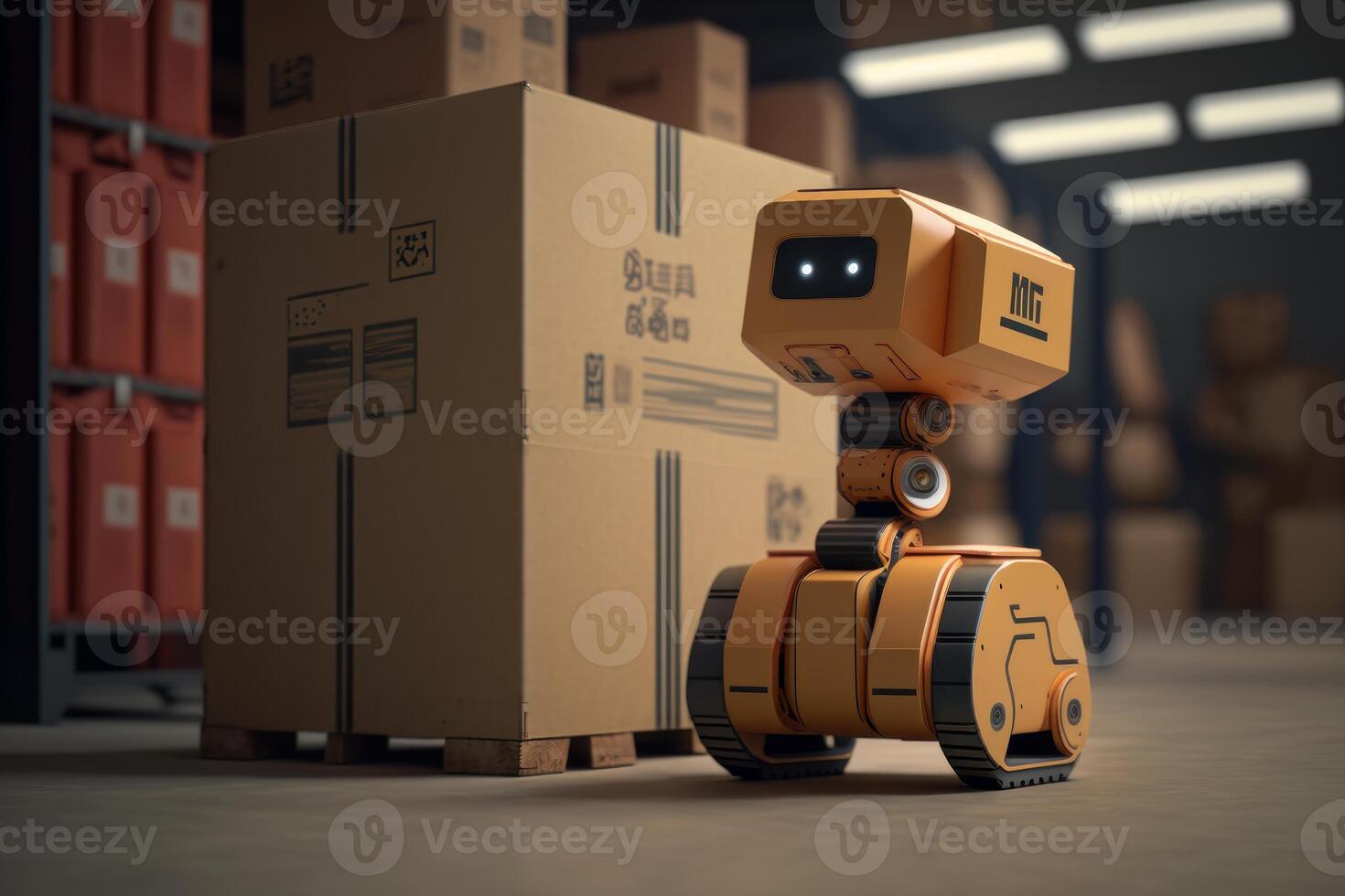 Smart Robotic observes and check in warehouse, Distribution logistics center concept. Created photo