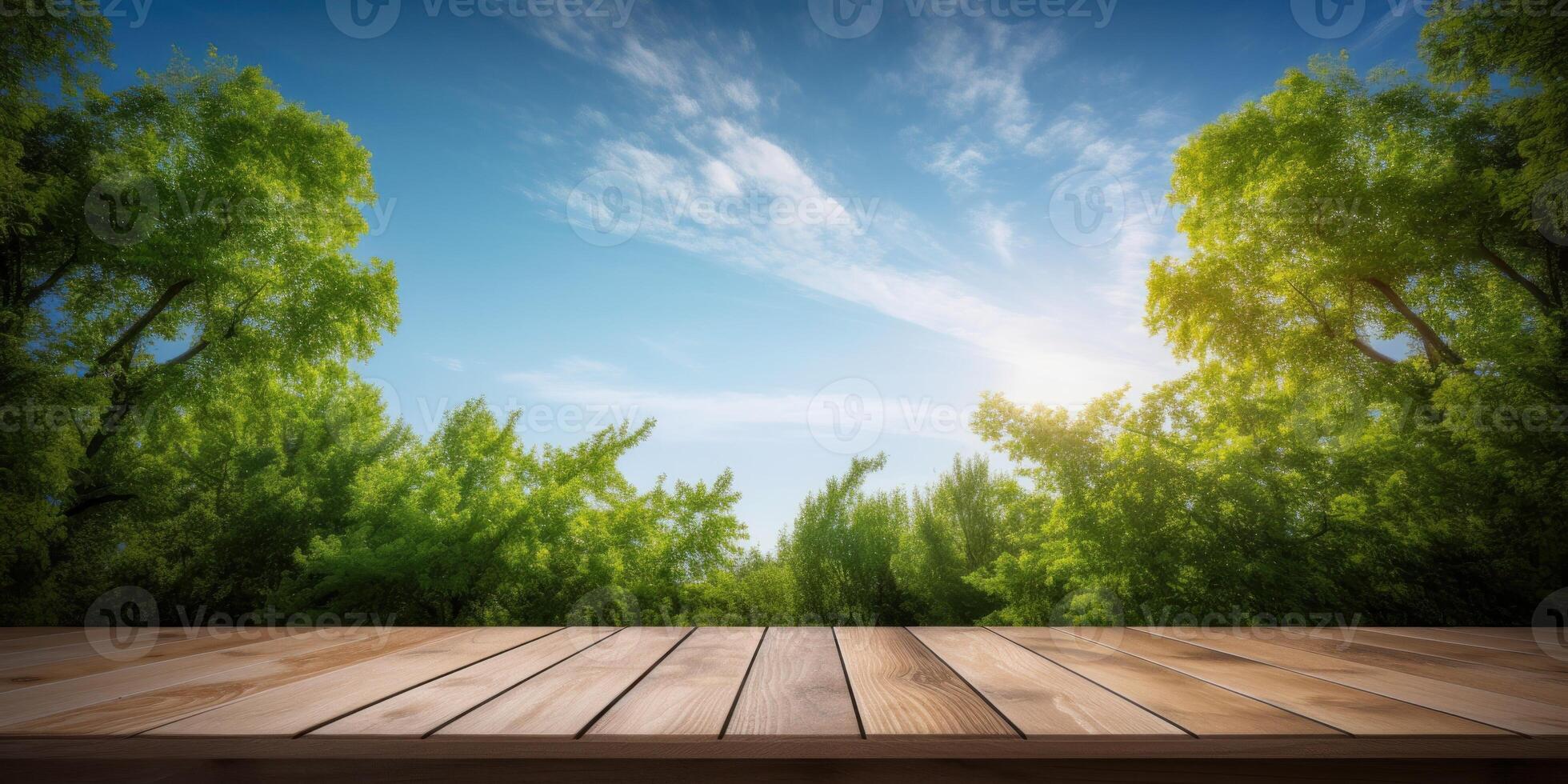 Empty wooden table with green tree and blue sky background, Desk of free space for product display. Created photo