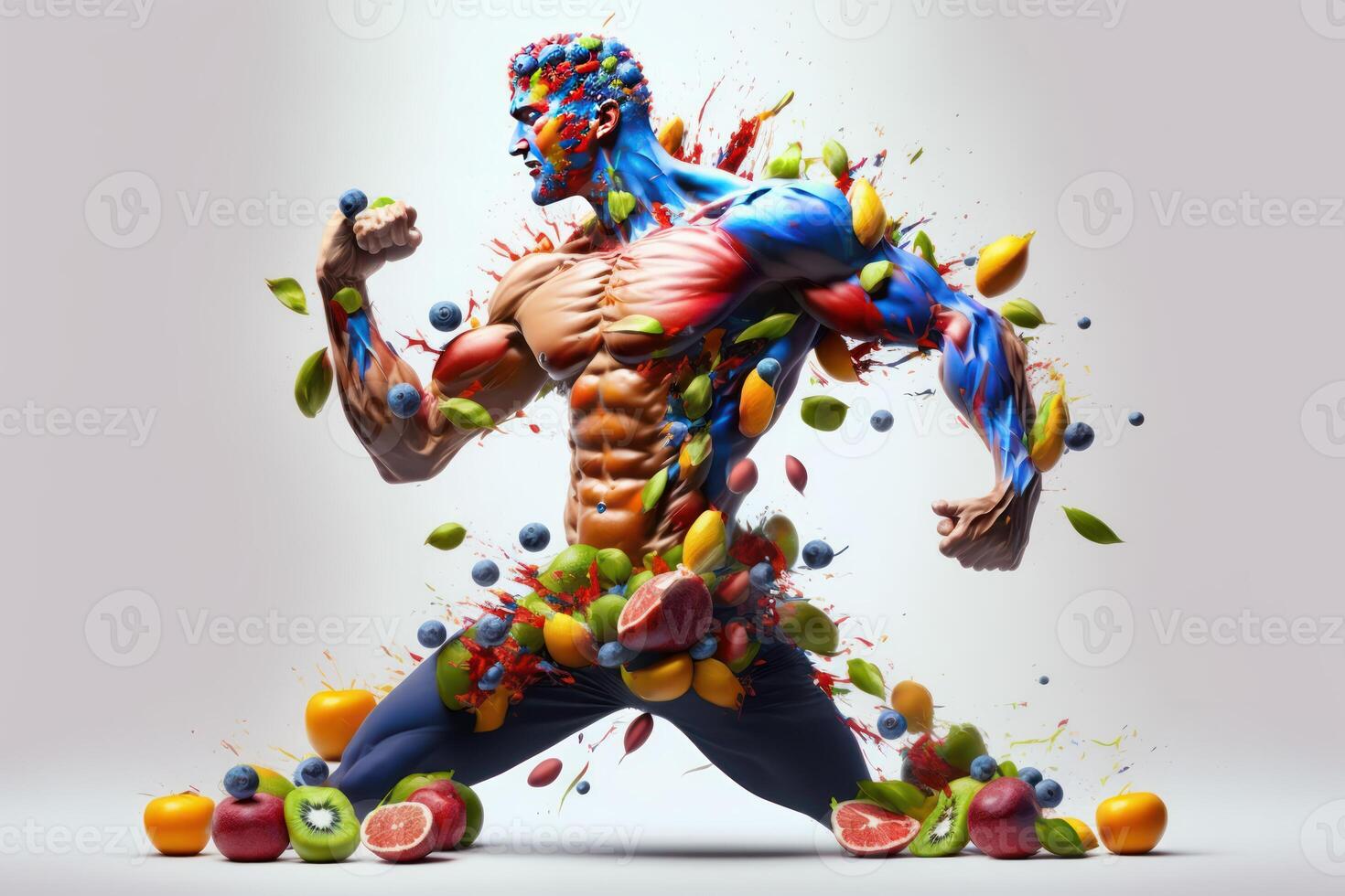Fruits forming a strong body, Man posing muscular body builder, Eating Diet Food for Digestion. photo