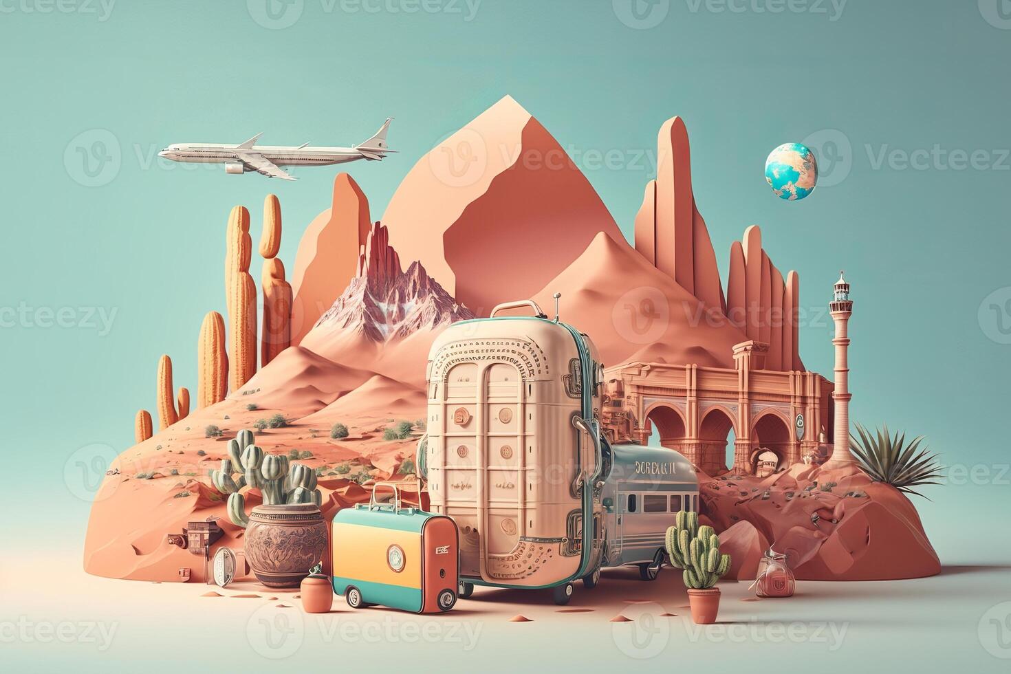 Stunning realistic travel around the world concept on pastel color background. Created with photo