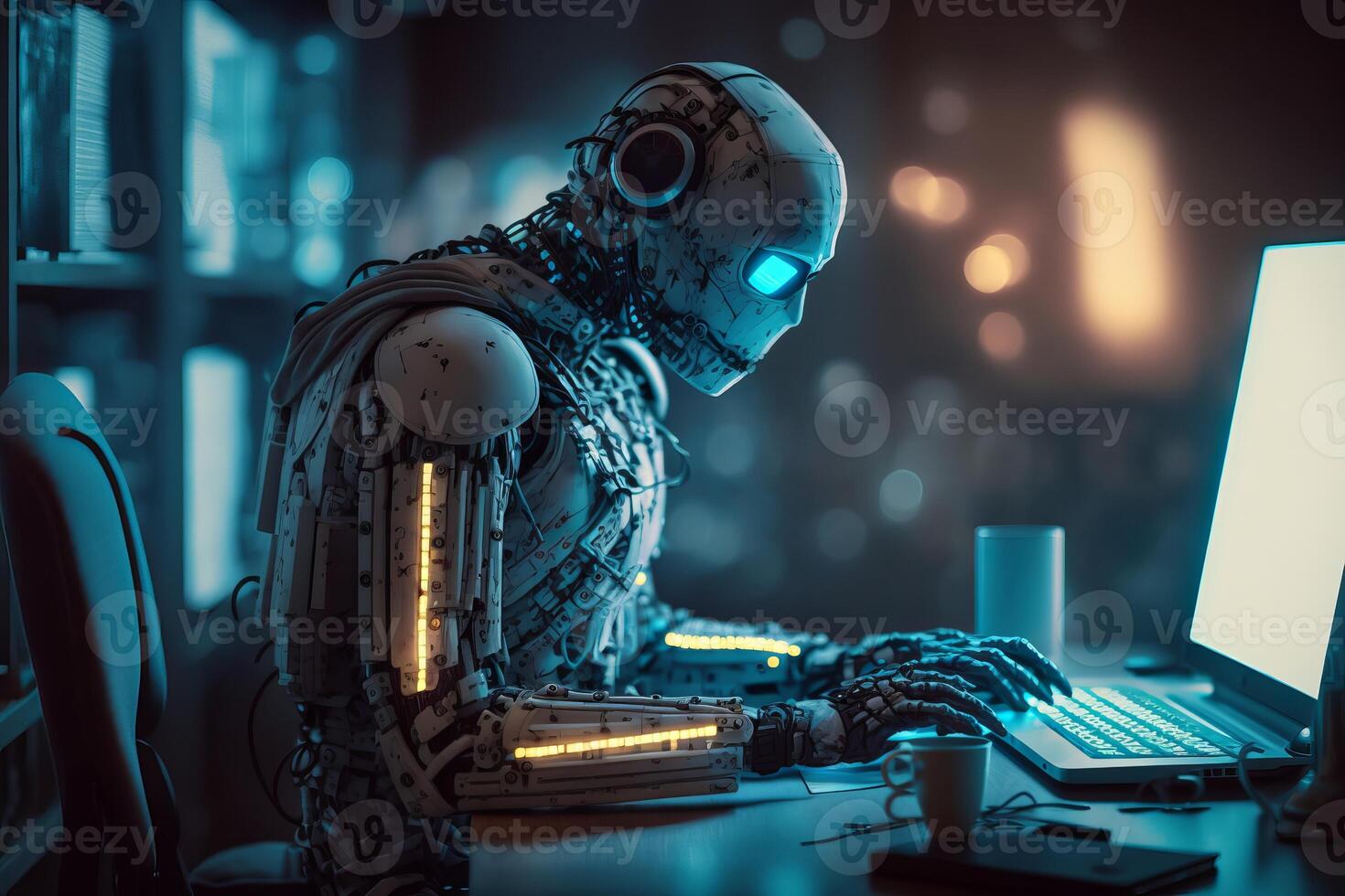 Ai Robot working with computer. Futuristic Humanoid worker. photo