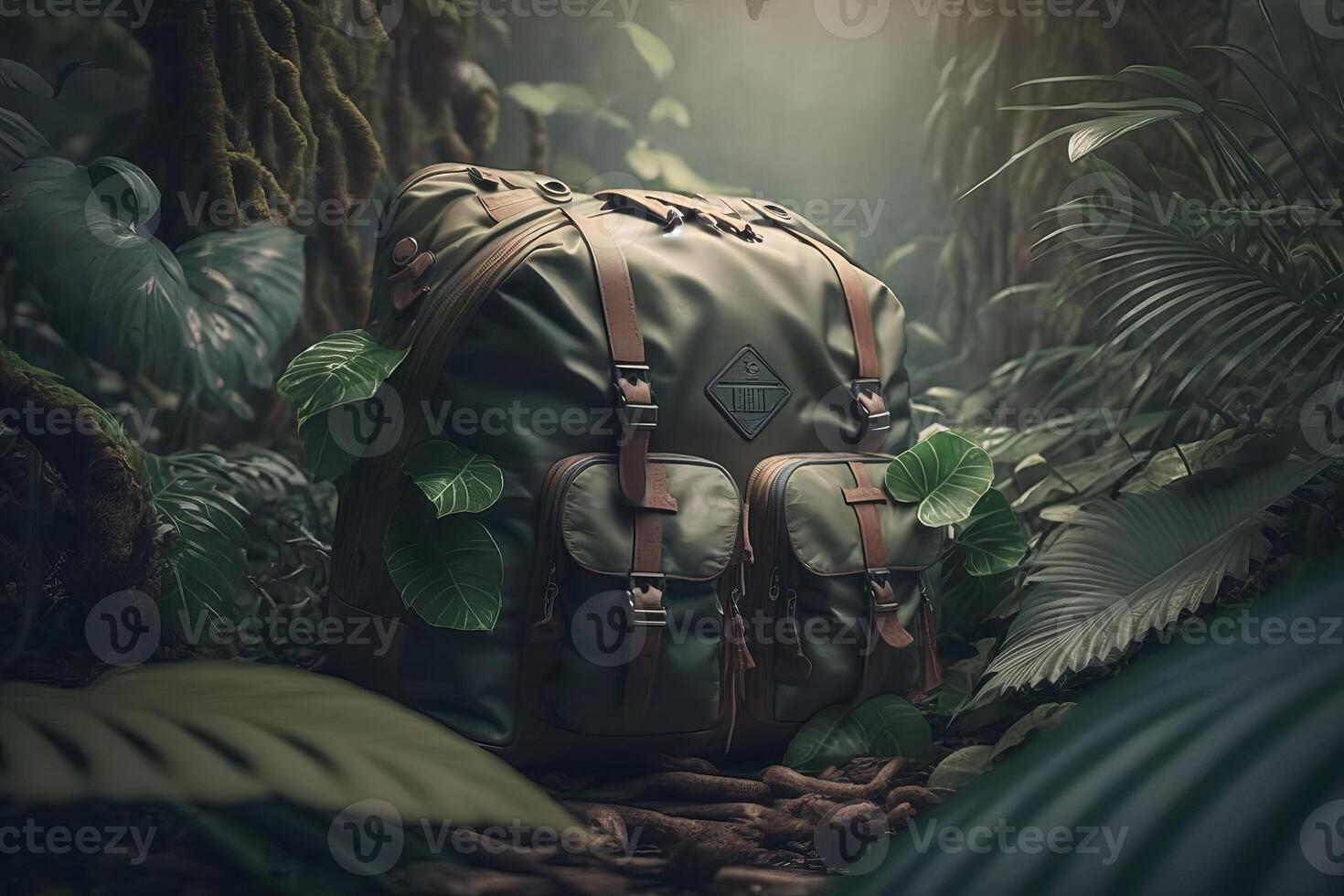 Realistic Backpack for tropical jungles travelling concept. Created with technology photo