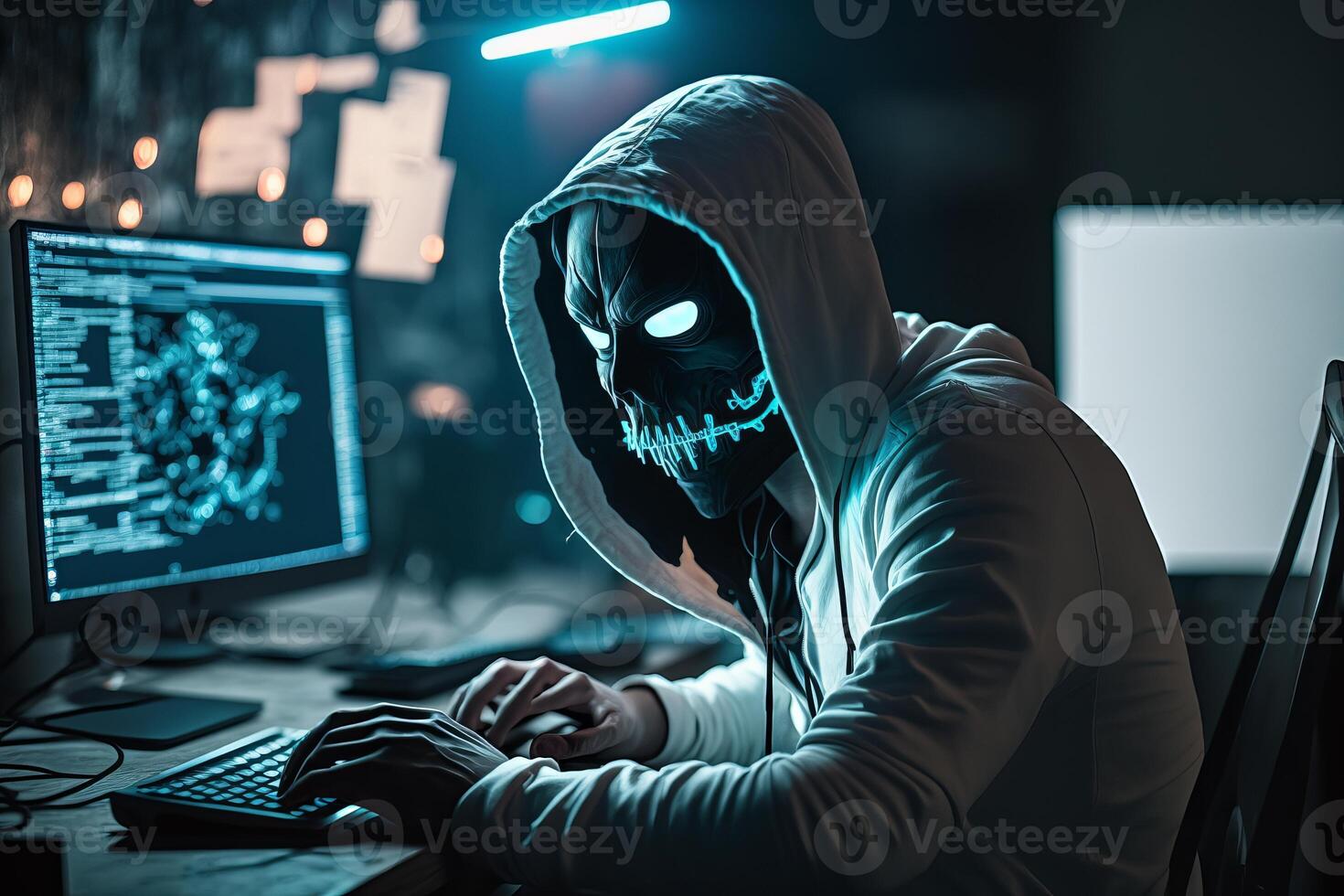 encapuchado hacker con máscara utilizando ordenador portátil descanso o ataque dentro datos servidor. hackear, codificación o malware concepto. generativo ai foto