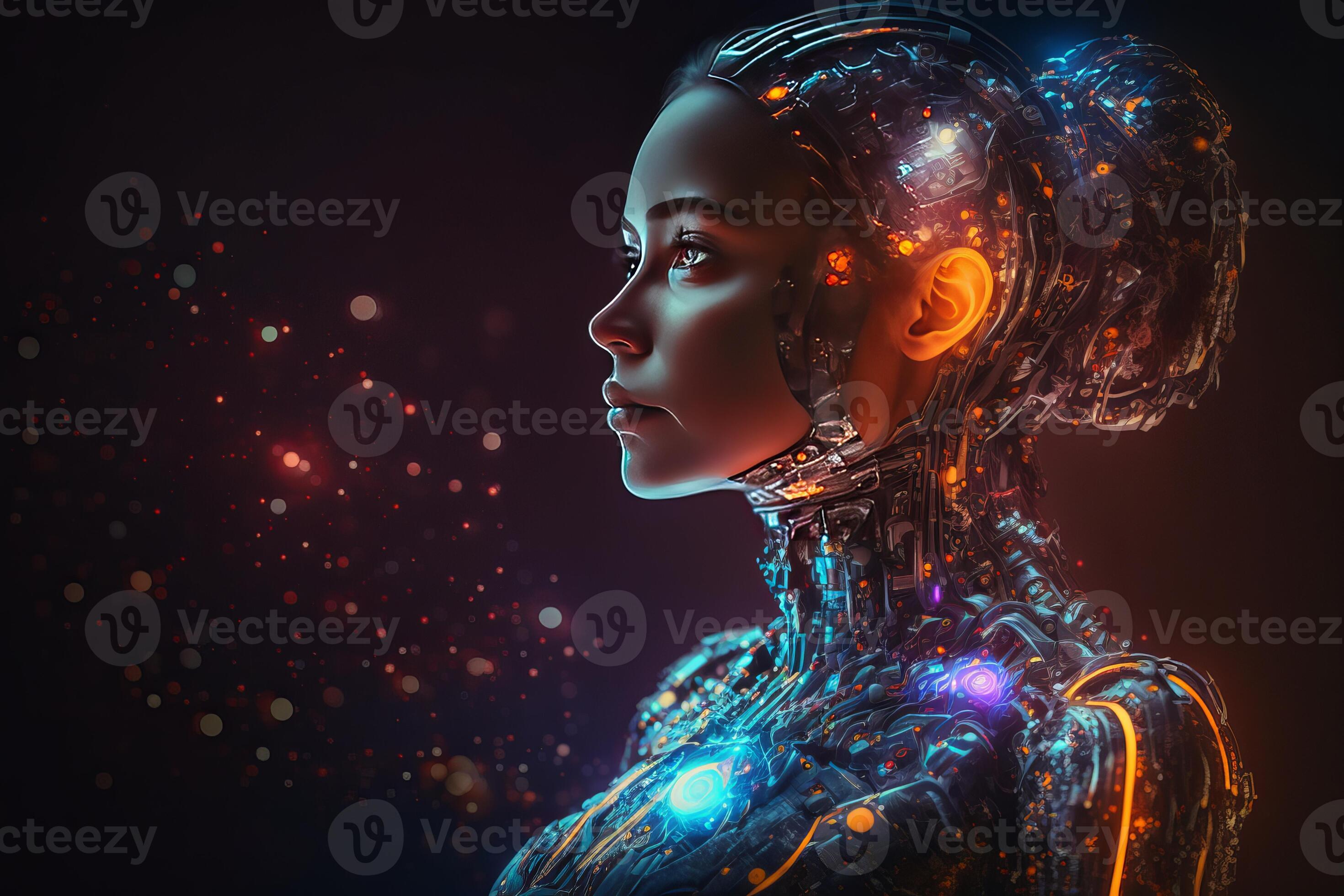 Woman Ai Robot using brain, Humanoid on glowing light background