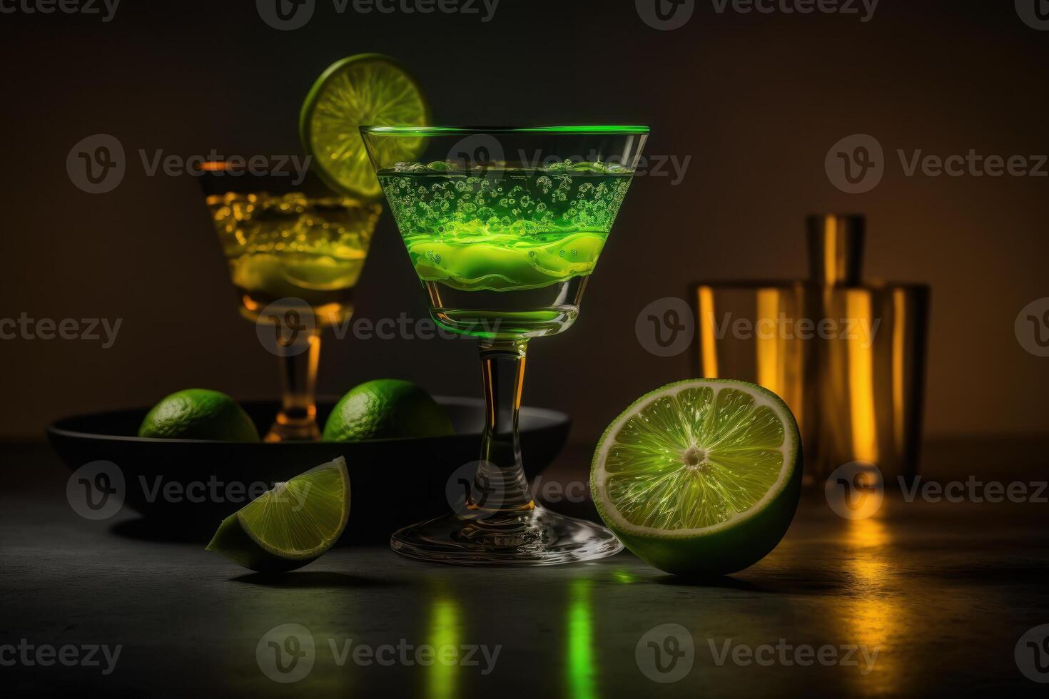 A glass of cocktail with glowing light background. Created photo