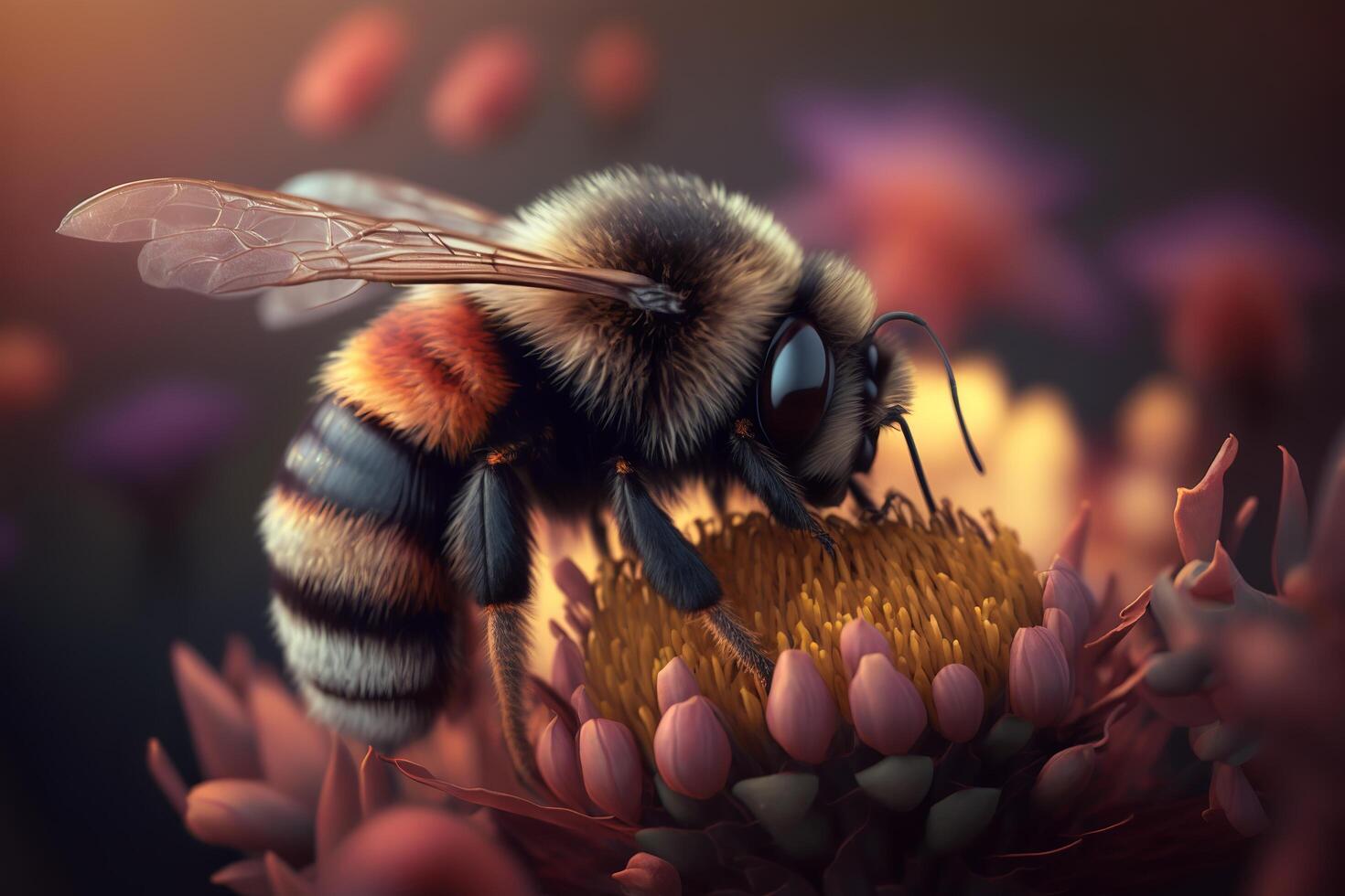 Close up Realistic Flying Honey Bees collecting pollen on flowers. Created with photo