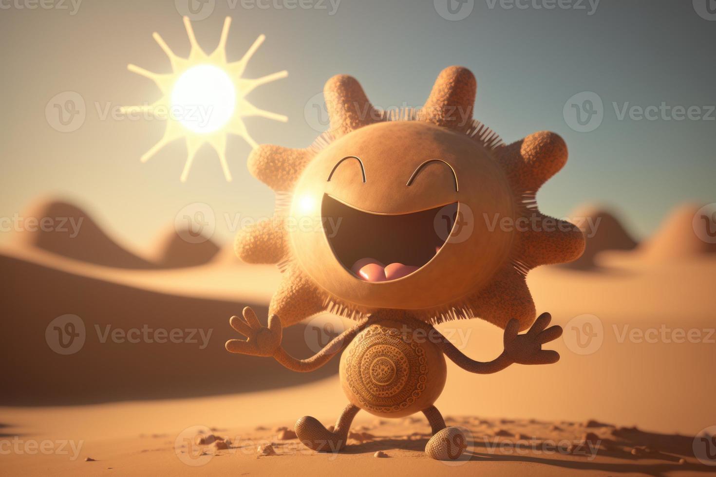 Joyful sun character laughting in fantasy world background. Created Generativa ai photo