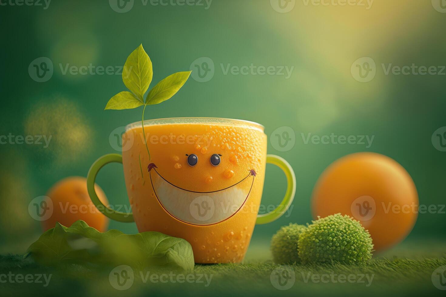 alegre vaso de naranja jugo personaje sonriente antecedentes. fresco naranja jugo. creado generativo ai foto