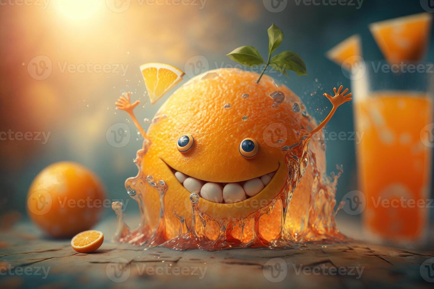 Cheerful Orange character smiling on green background. Created photo