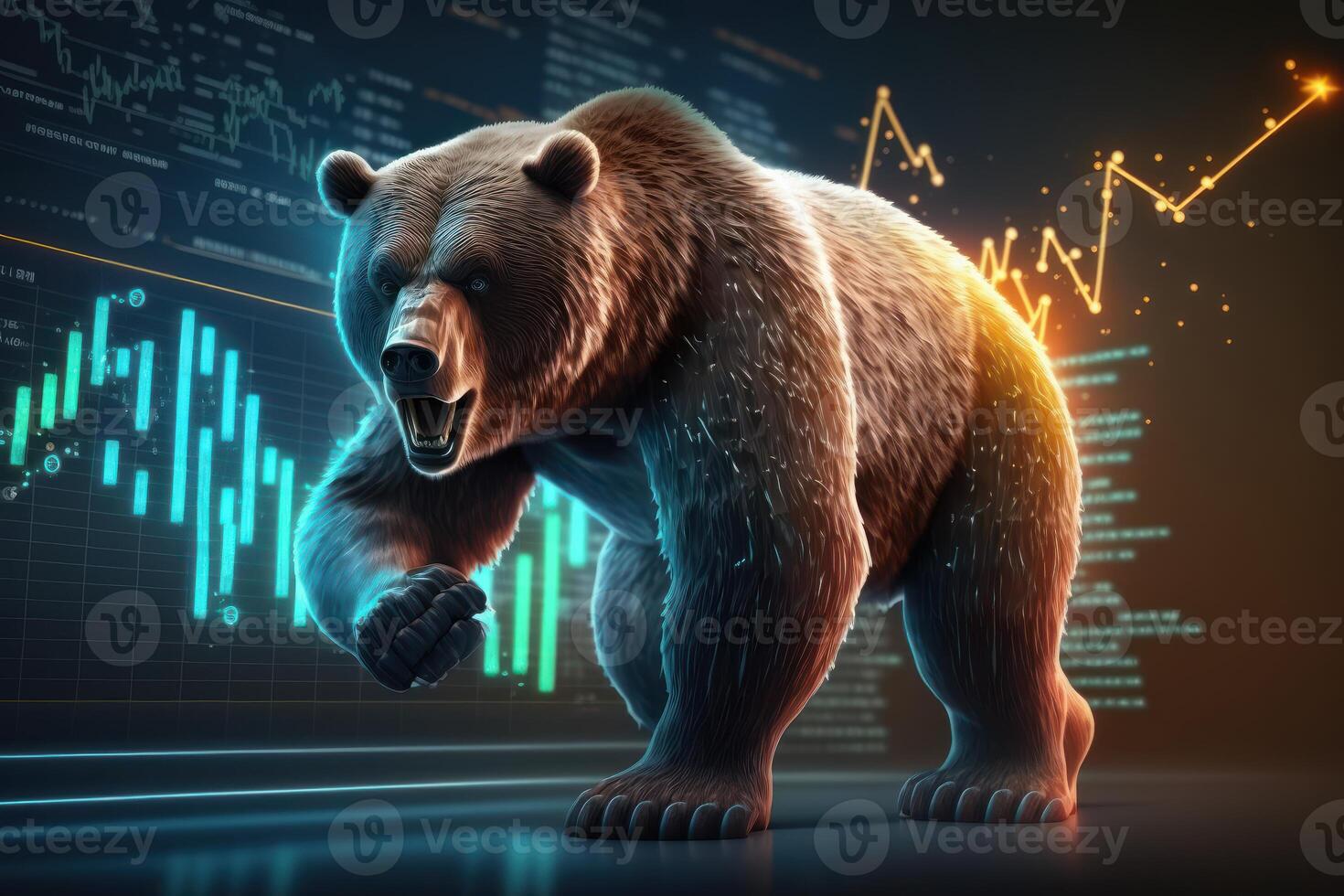 Bear bearish divergence in Stock market and Crypto currency, Bear trading with coloful graph background. Created photo