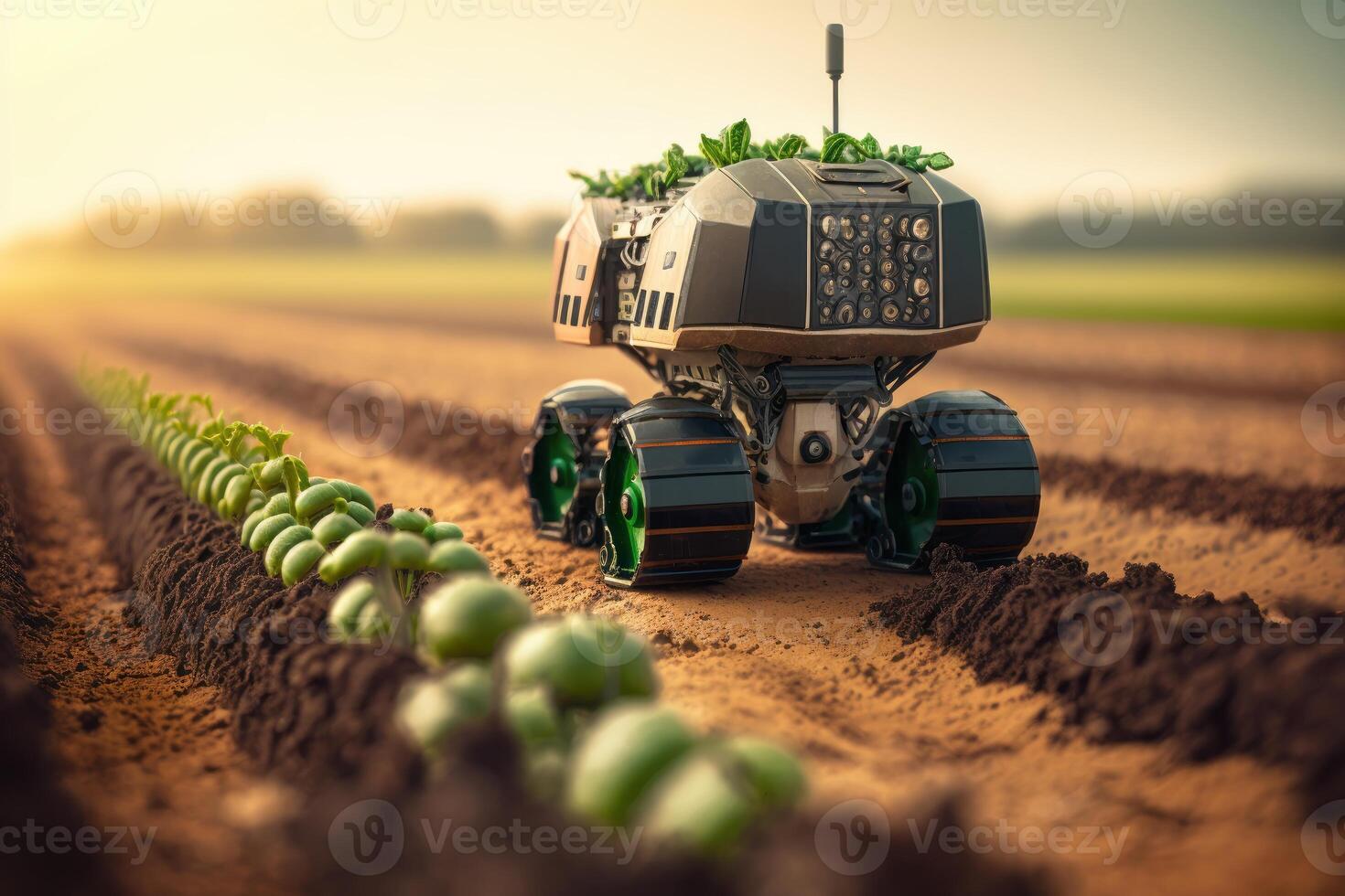 Smart robotic farmer observes and check growth plant background, Agriculture technology concept. Created photo