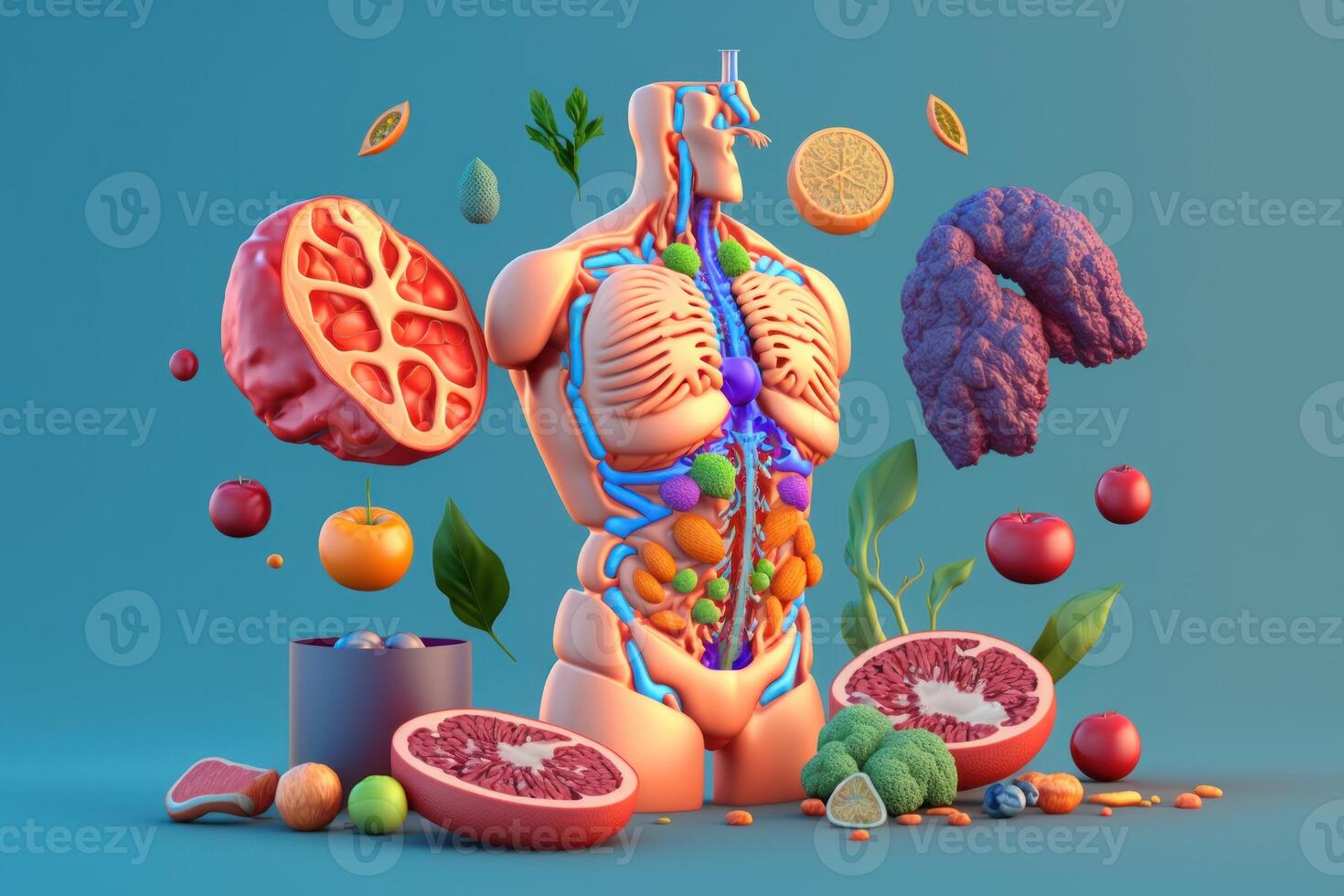 Fruits forming a human body metabolism and nutrition, Eating Diet Food for Energy and Digestion. photo