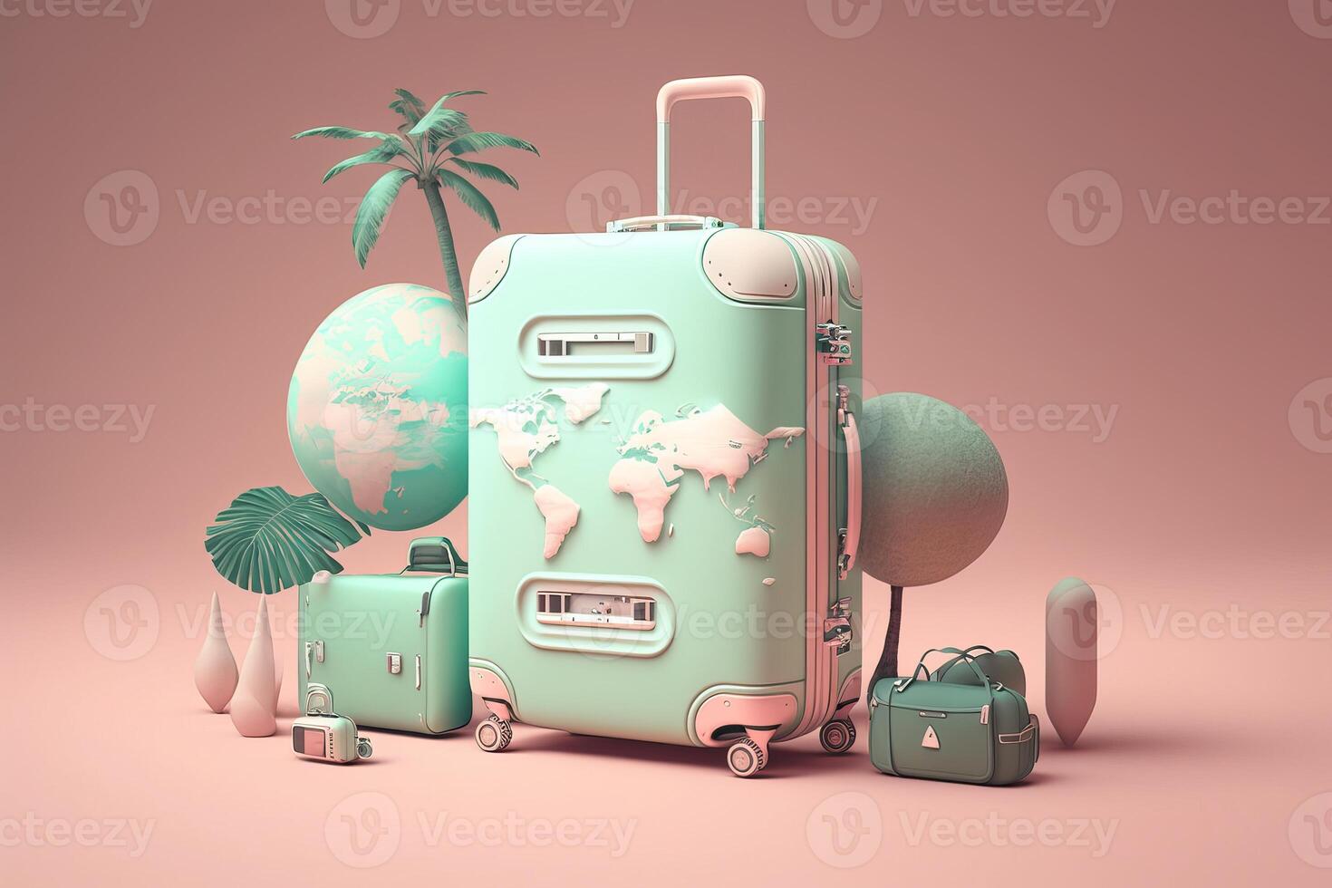 Stunning realistic travel around the world concept on pastel color background. Created with photo