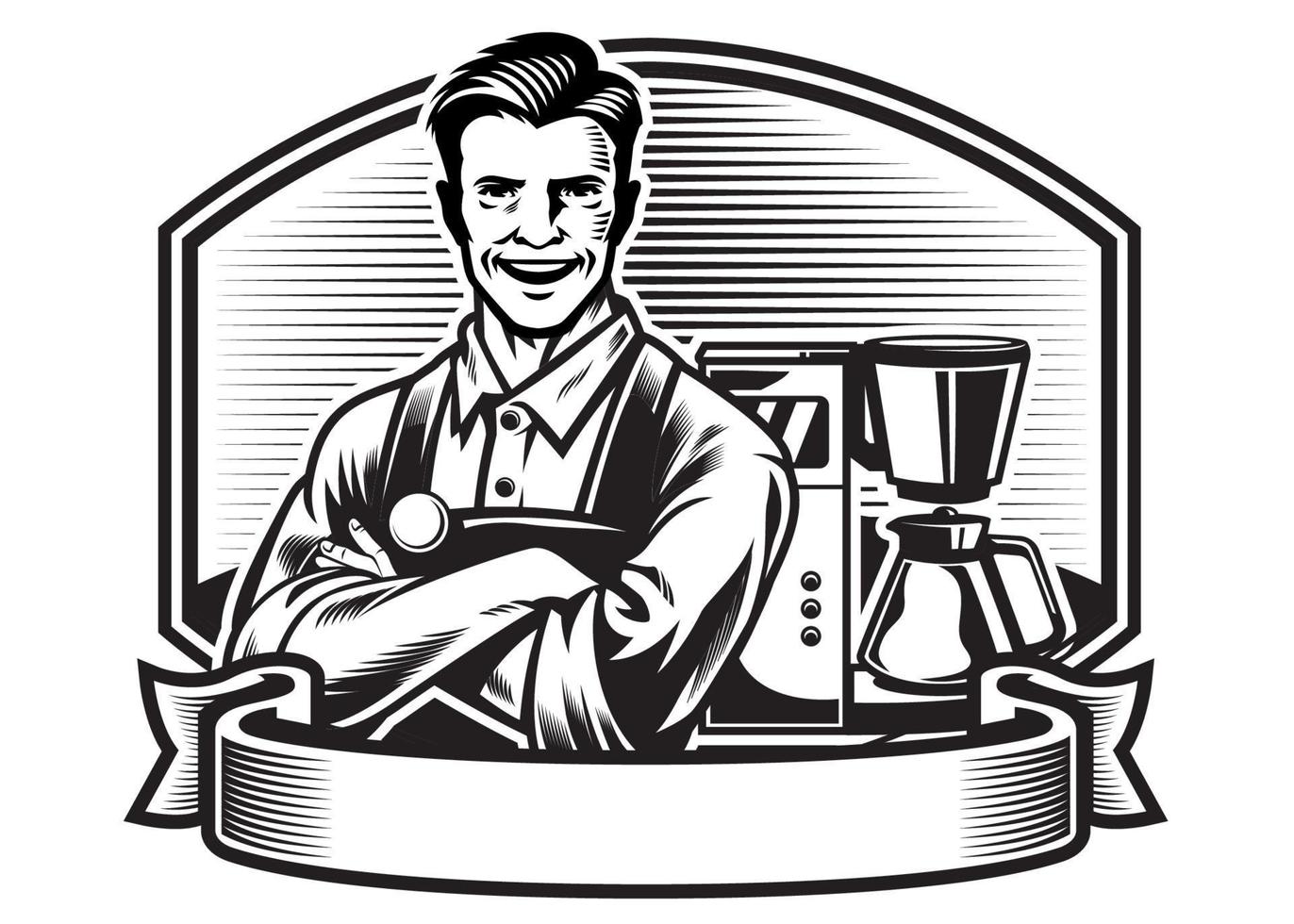 smiling barista with the espresso machine background vector