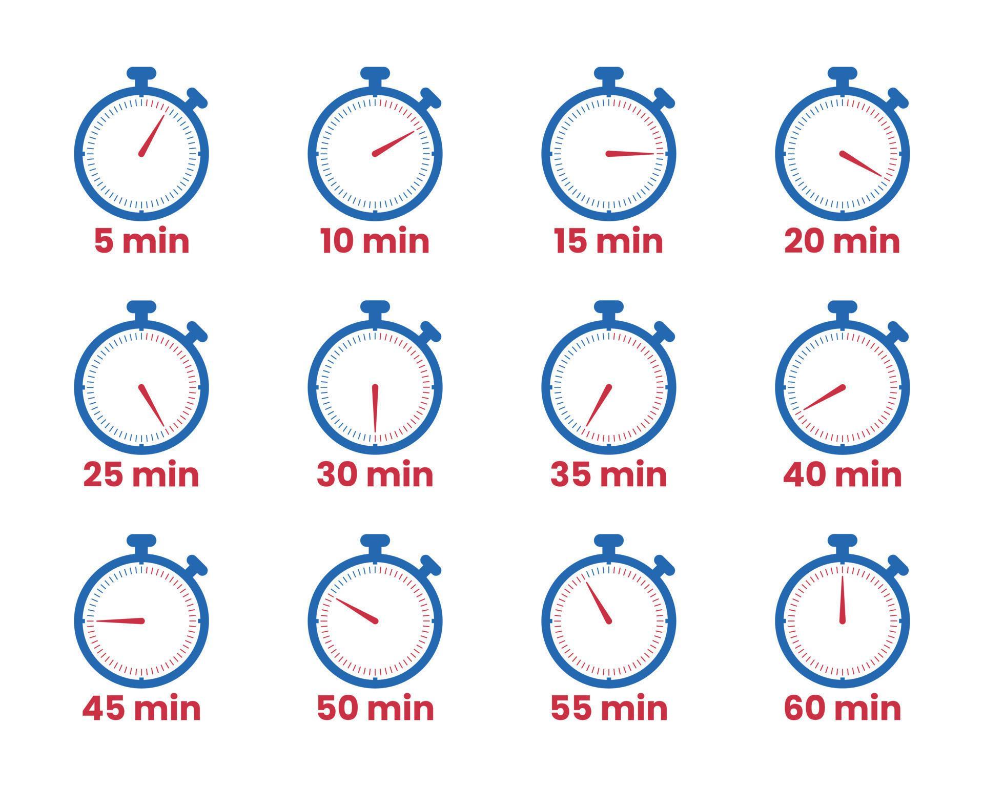 Timer Clock Icons Set From 5 Minutes To 60 Minutes, Countdown Timer Icons Vector For