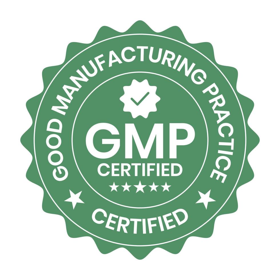 gmp certificado o bueno fabricación práctica certificado insignia, estampilla, icono, sello, etiqueta, etiqueta, emblema para cbd etiqueta petróleo y embalaje diseño vector ilustración