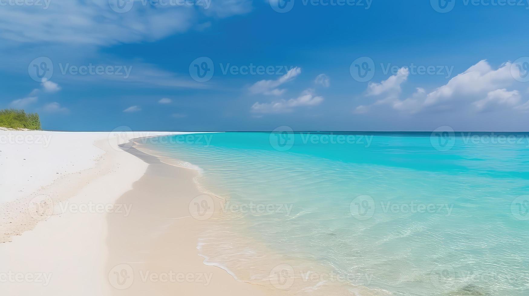 Beautiful sandy beach with white sand and rolling calm wave of turquoise ocean on Sunny day on background white clouds in blue sky. colorful perfect panoramic natural landscape. photo