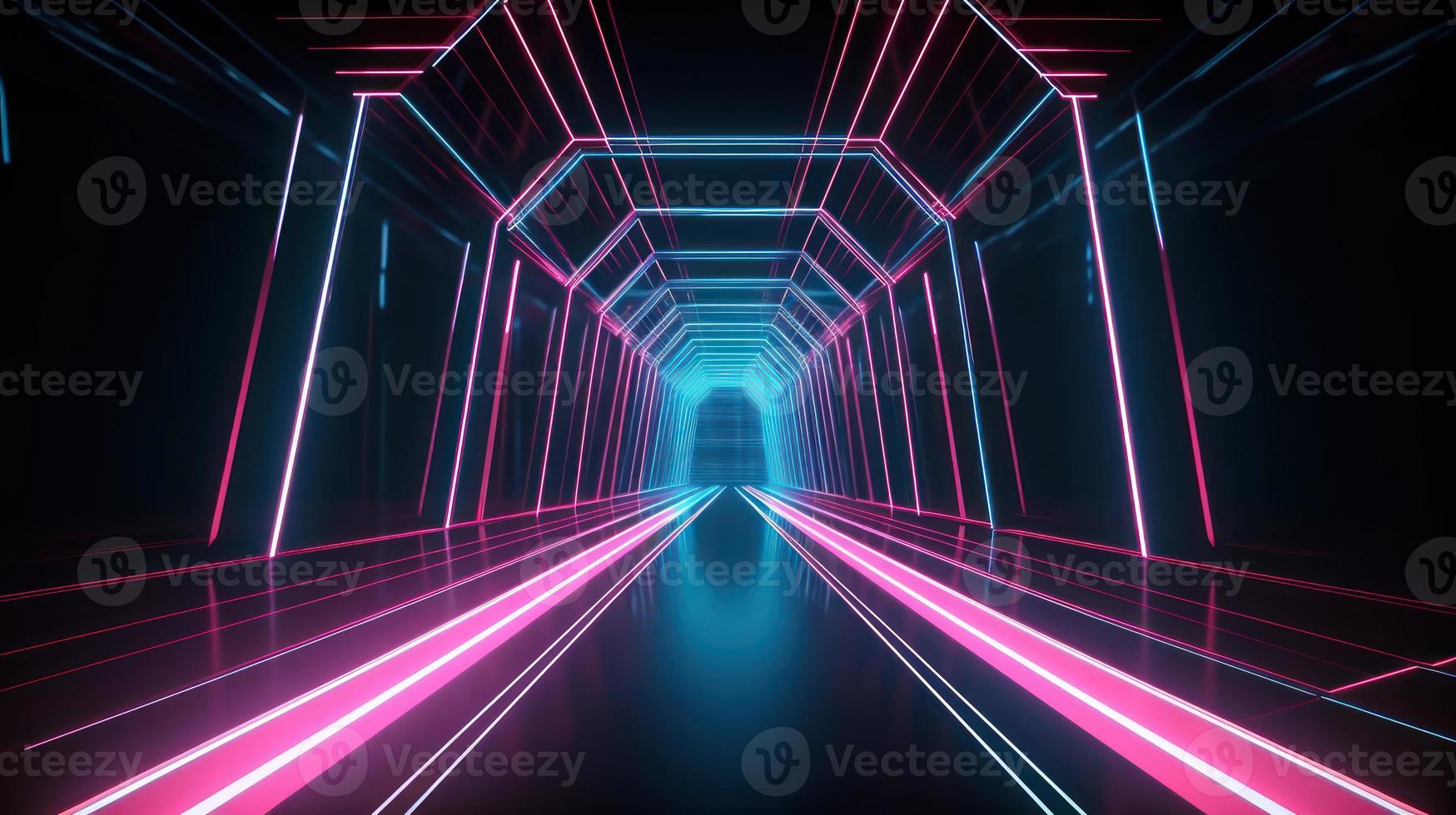 Abstract neon lights tunel background with pink and blue laser rays glowing lines 3d render. photo