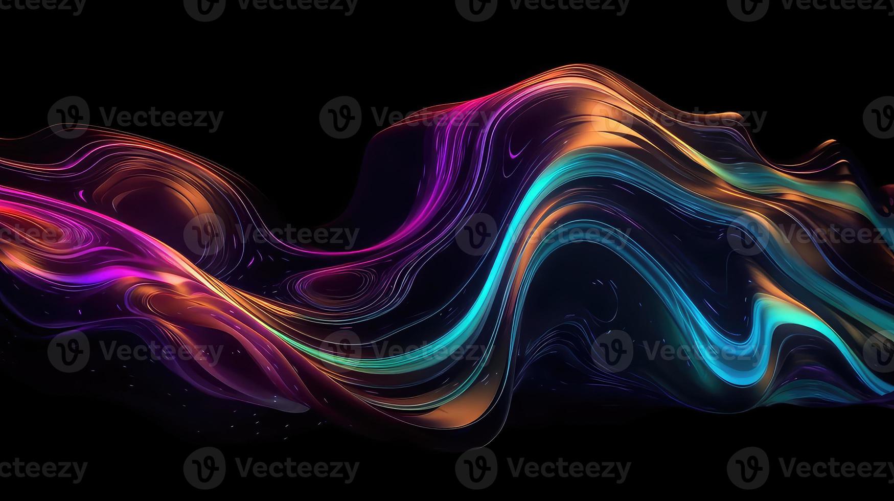 Abstract fluid 3d render holographic iridescent neon curved wave in motion dark background. photo