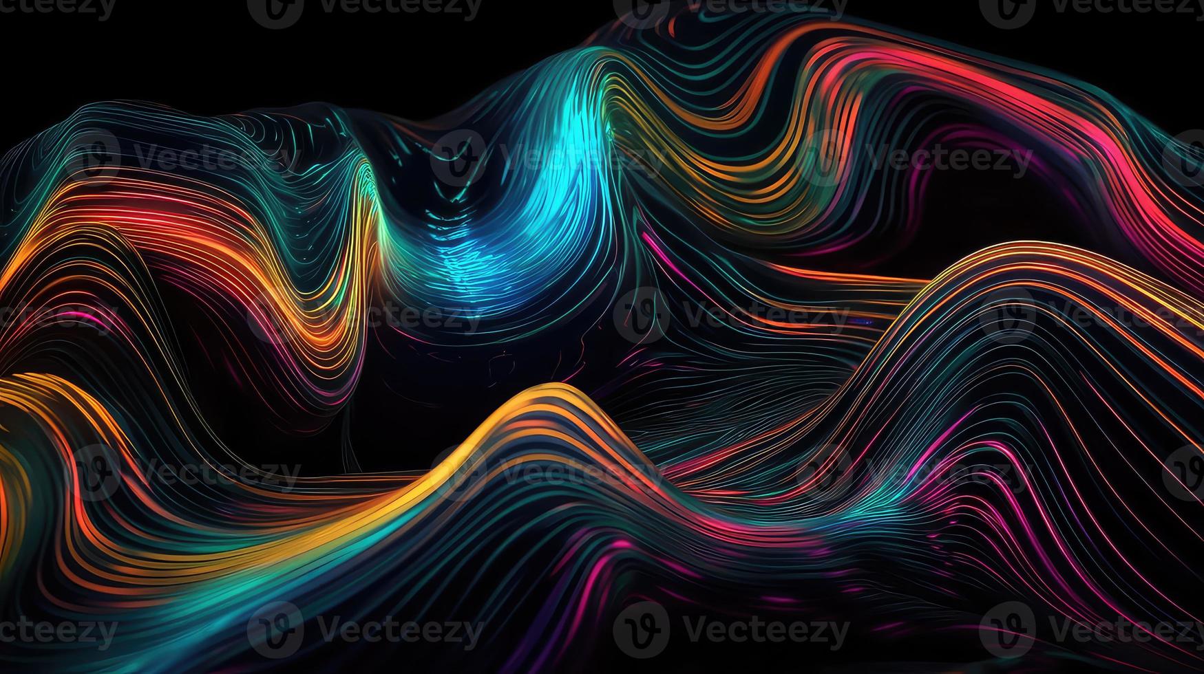 Abstract fluid 3d render holographic iridescent neon curved wave in motion dark background. photo