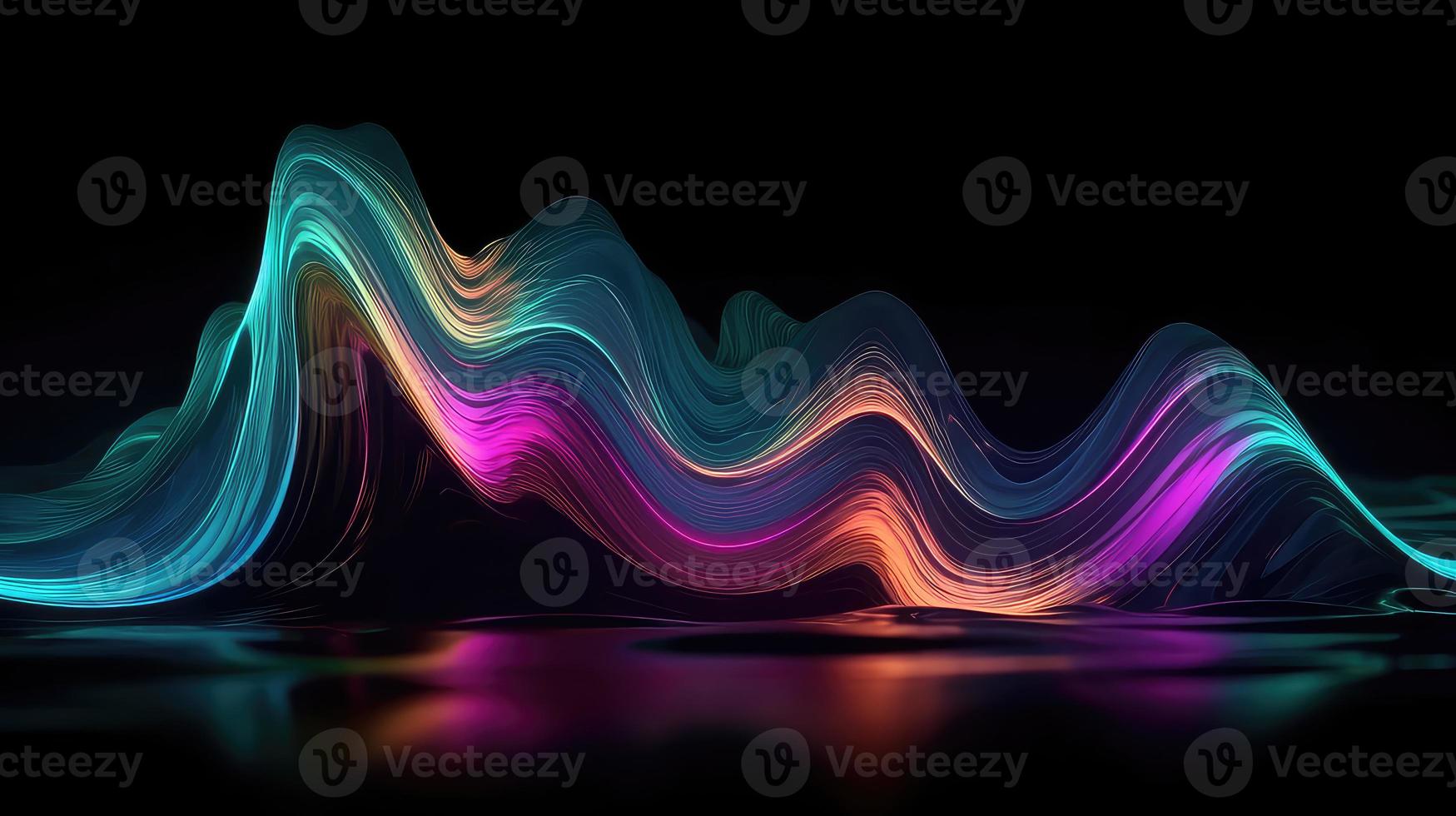 Abstract fluid 3d render holographic iridescent neon curved wave in motion dark background. photo