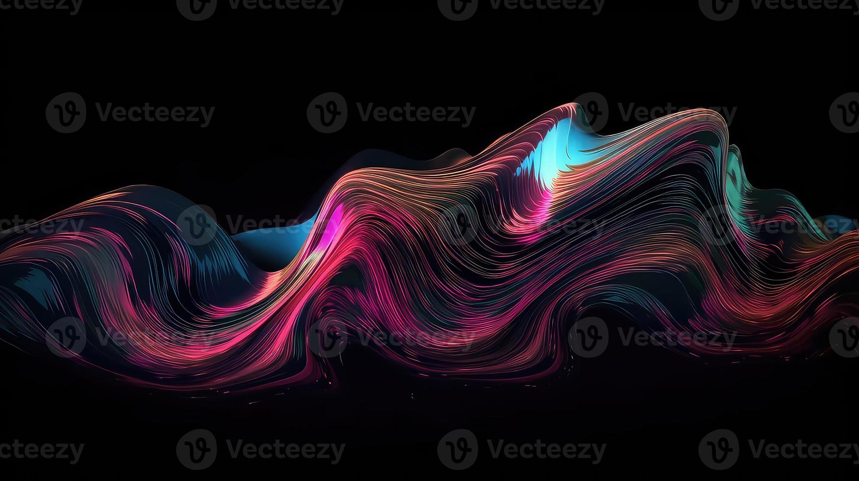 Abstract fluid 3d render holographic iridescent neon curved wave in motion dark background. photo