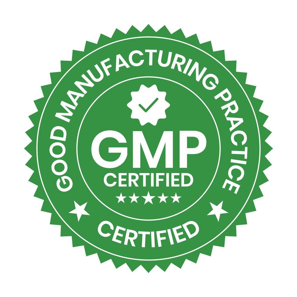 gmp certificado o bueno fabricación práctica certificado insignia, estampilla, icono, sello, etiqueta, etiqueta, emblema para cbd etiqueta petróleo y embalaje diseño vector ilustración