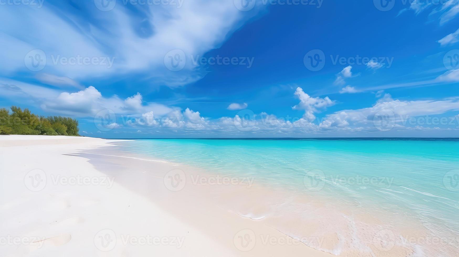 Beautiful sandy beach with white sand and rolling calm wave of turquoise ocean on Sunny day on background white clouds in blue sky. colorful perfect panoramic natural landscape. photo