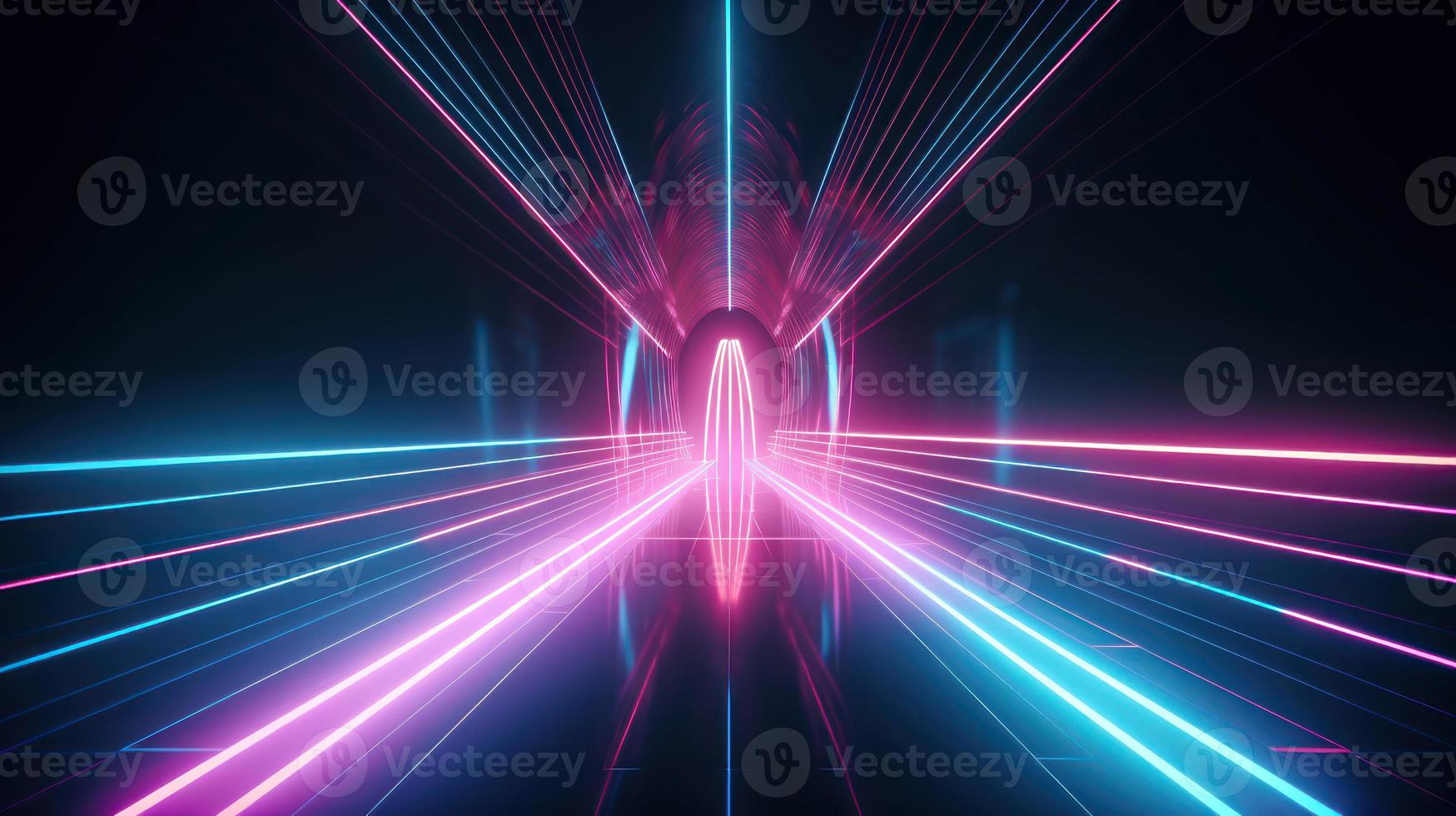 Abstract neon lights tunel background with pink and blue laser rays glowing lines 3d render. photo
